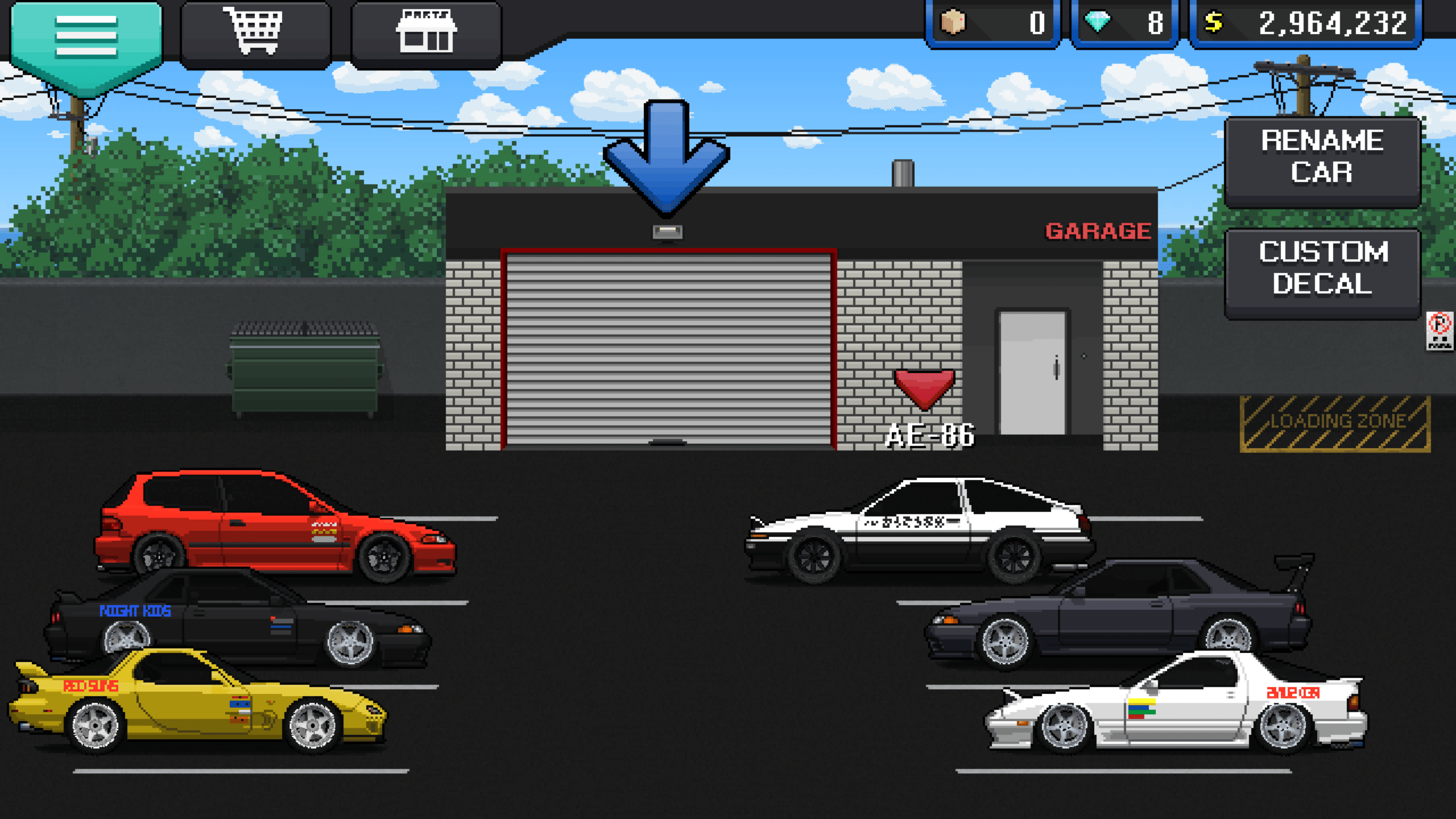 My garage in pixel car racer r/initiald