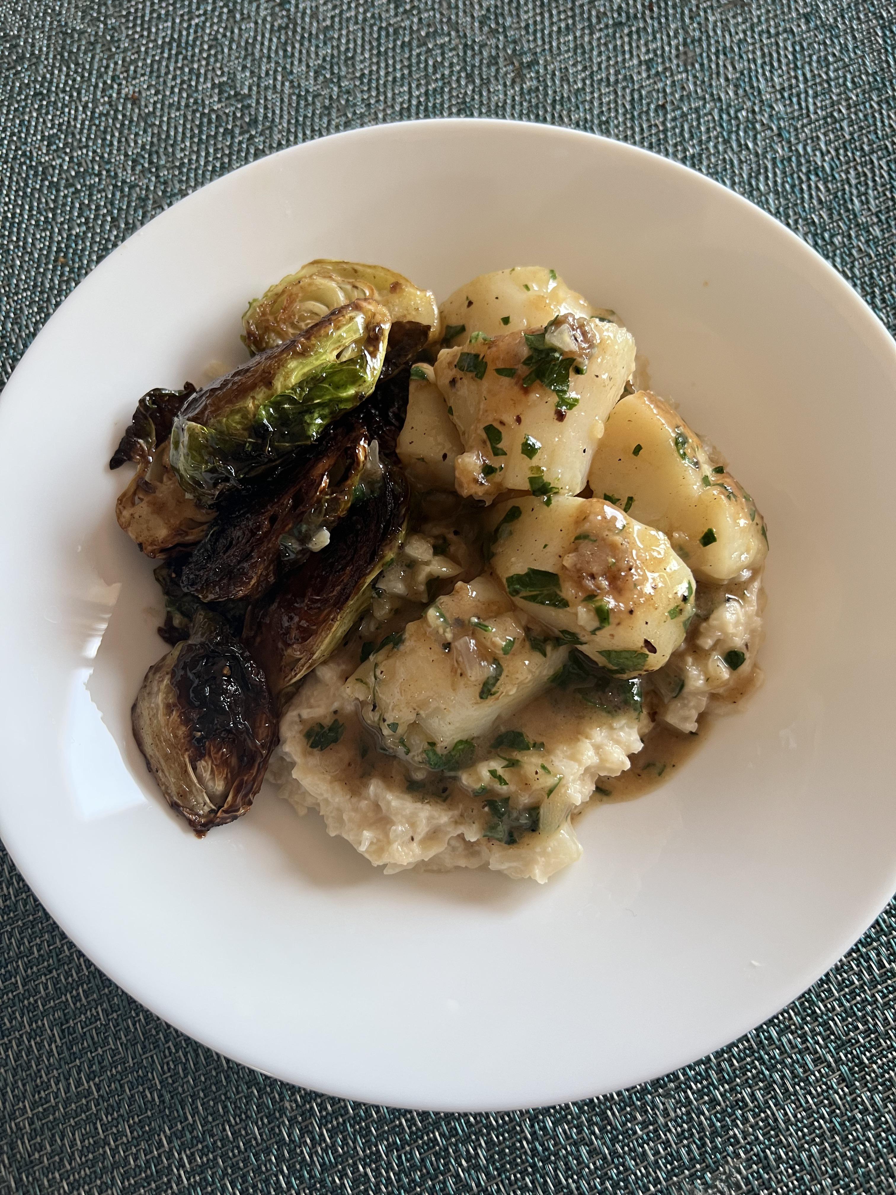 Ina Garten’s Scallops Provençal over Trader Joe’s creamy cauliflower