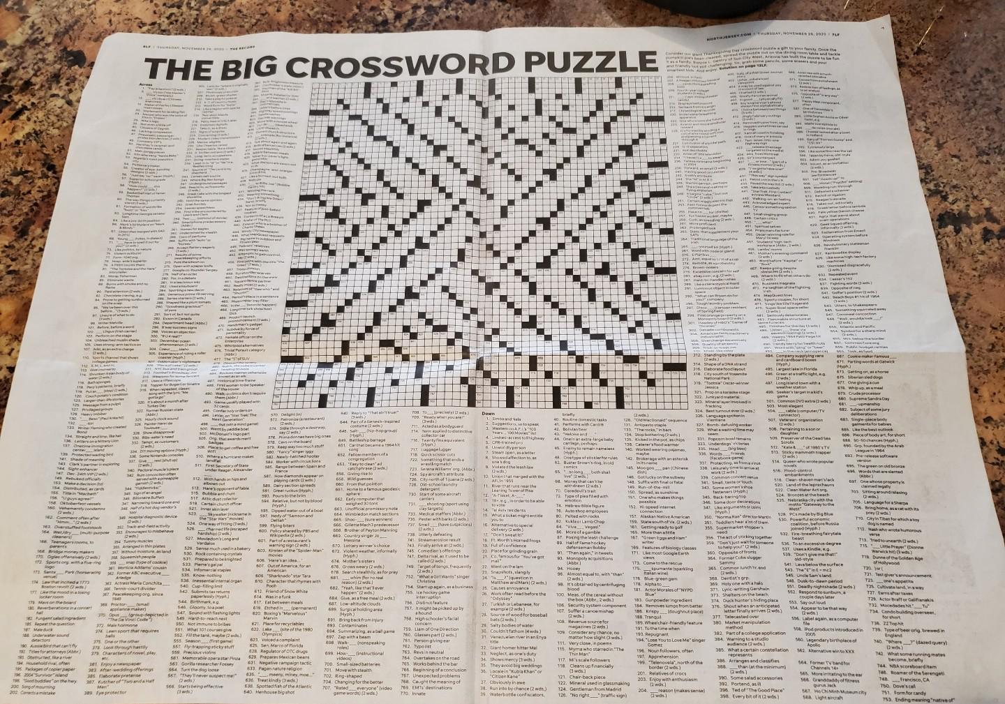 Giant crossword puzzle in our local paper every Thanksgiving. Over