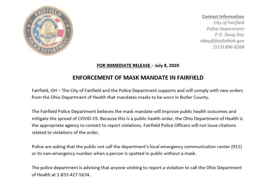 City of Fairfield has an enforcement of mask mandate out now r/Ohio