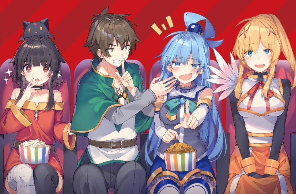 What movie are they watching? Konosuba