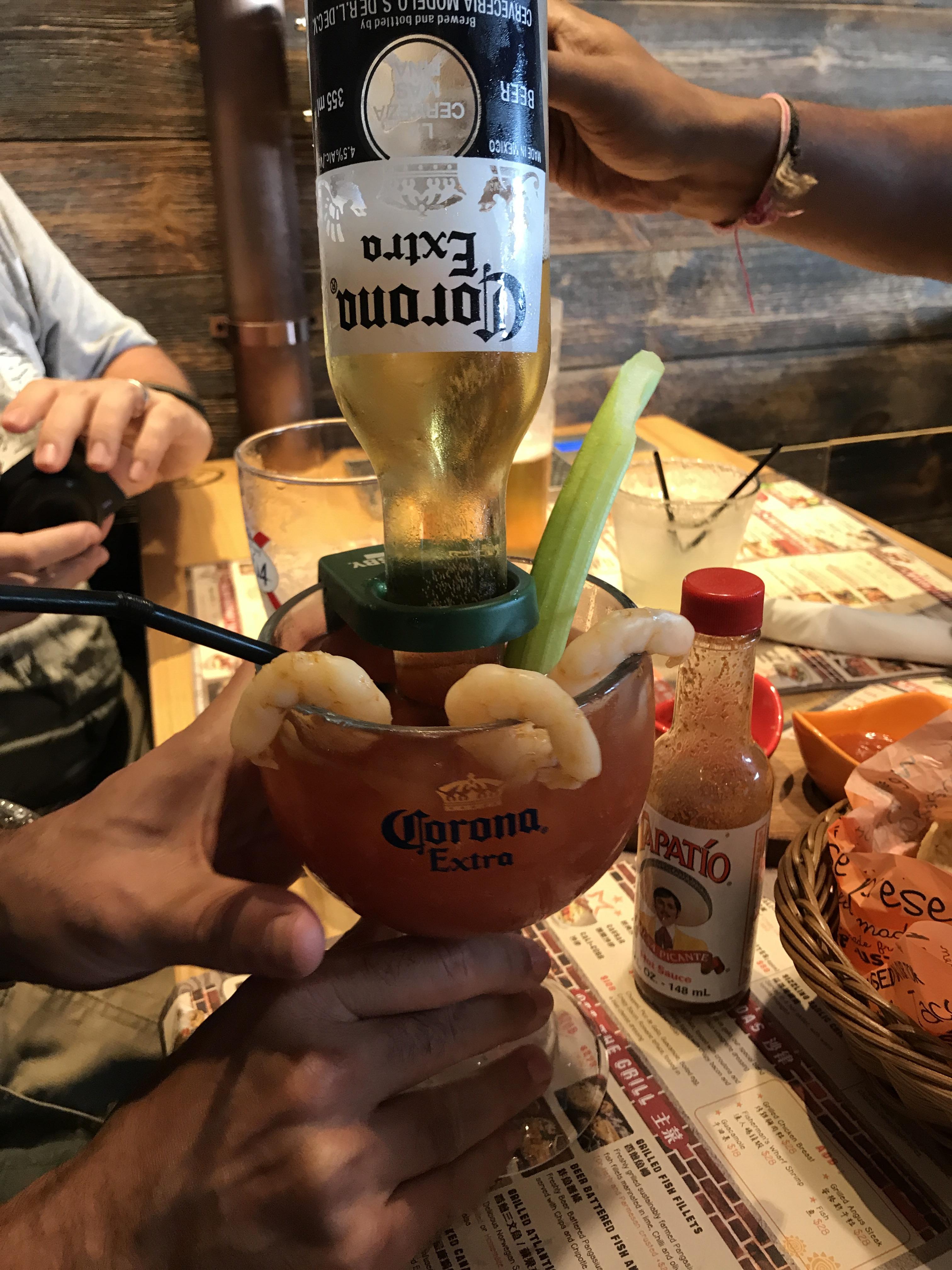 Bloody Mary with a built in Corona chaser, with prawns. r