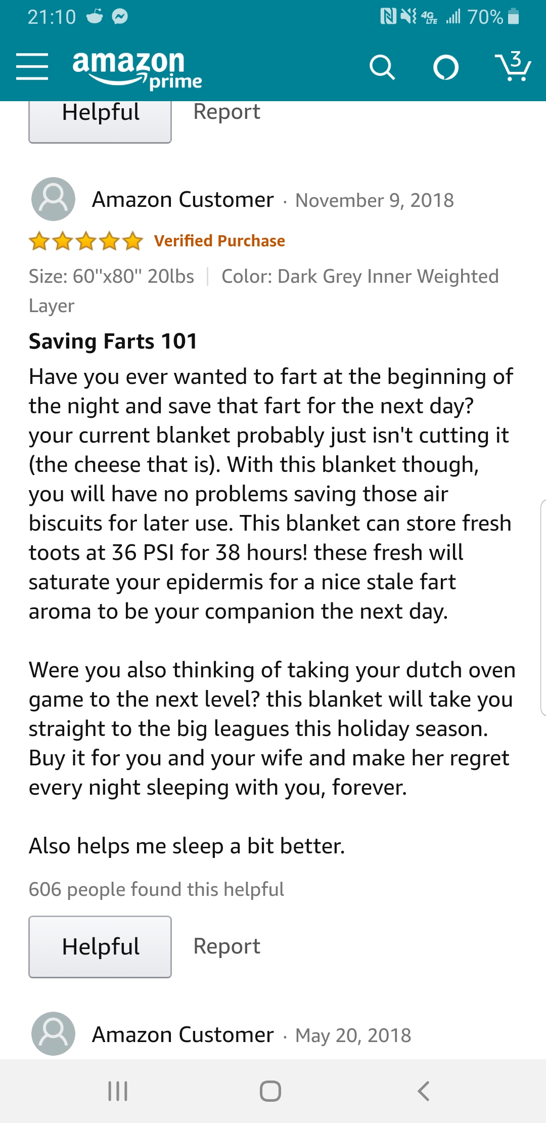 I found this incredibly helpful review for a weighted blanket. r/funny