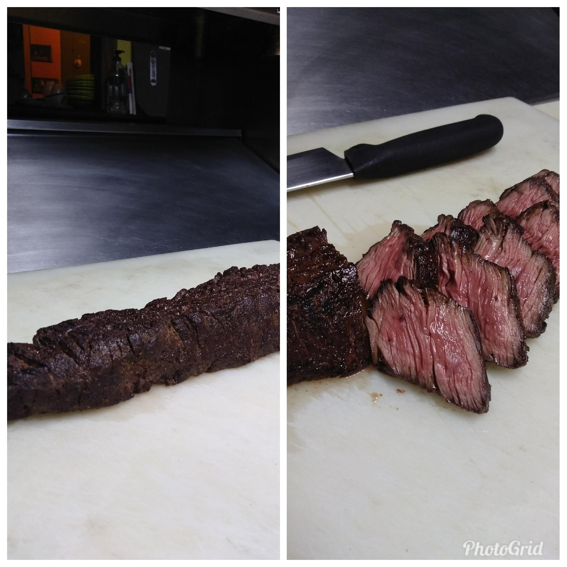 Steak Tip before and after cutting, Fajita dry rub then seared on