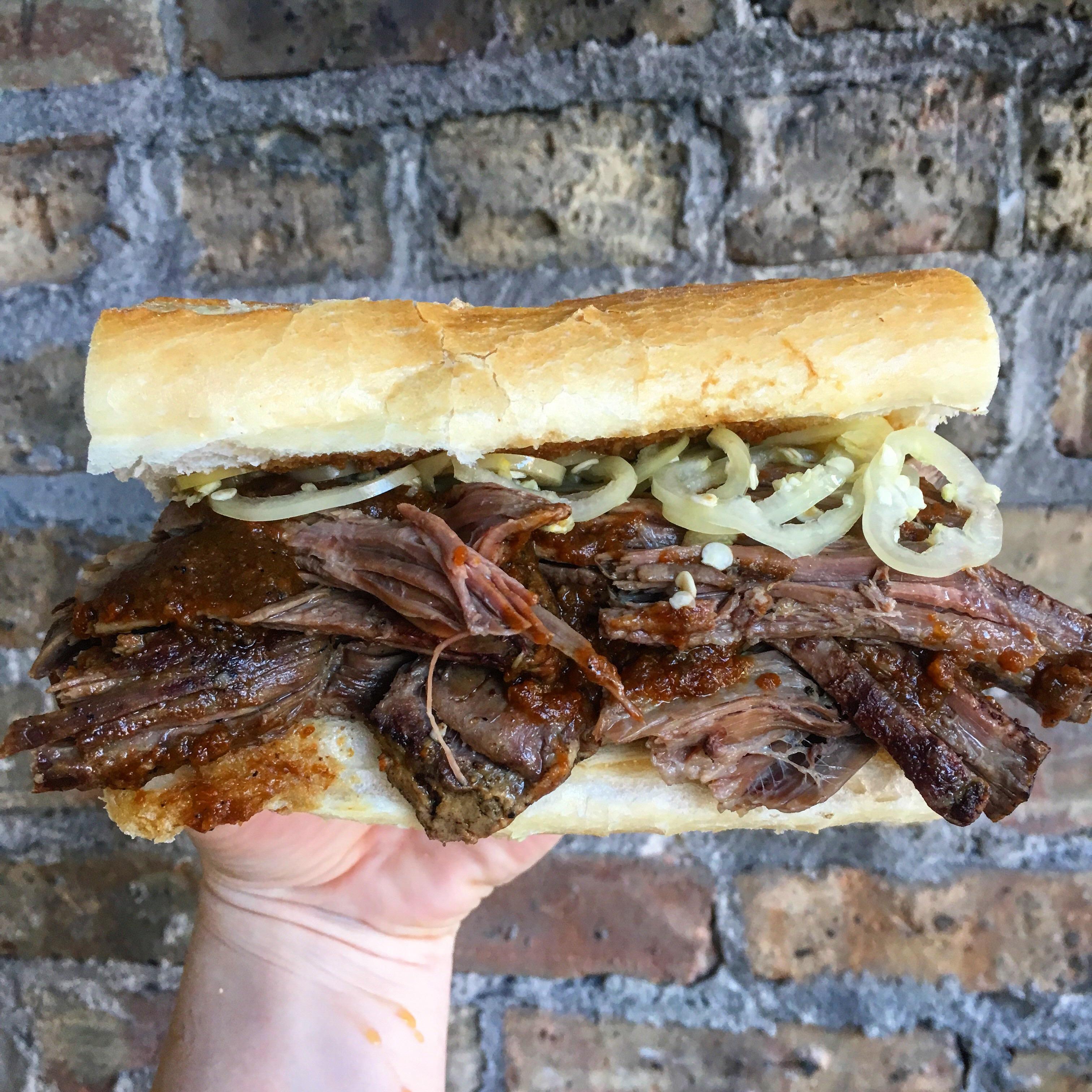 Roast beef with spicy peppers and carrot, celery and onion gravy. r