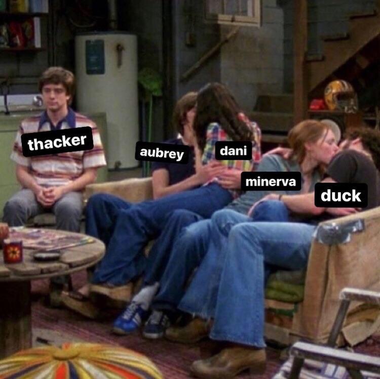 two couples kissing while one person awkwardly sits near them alone r