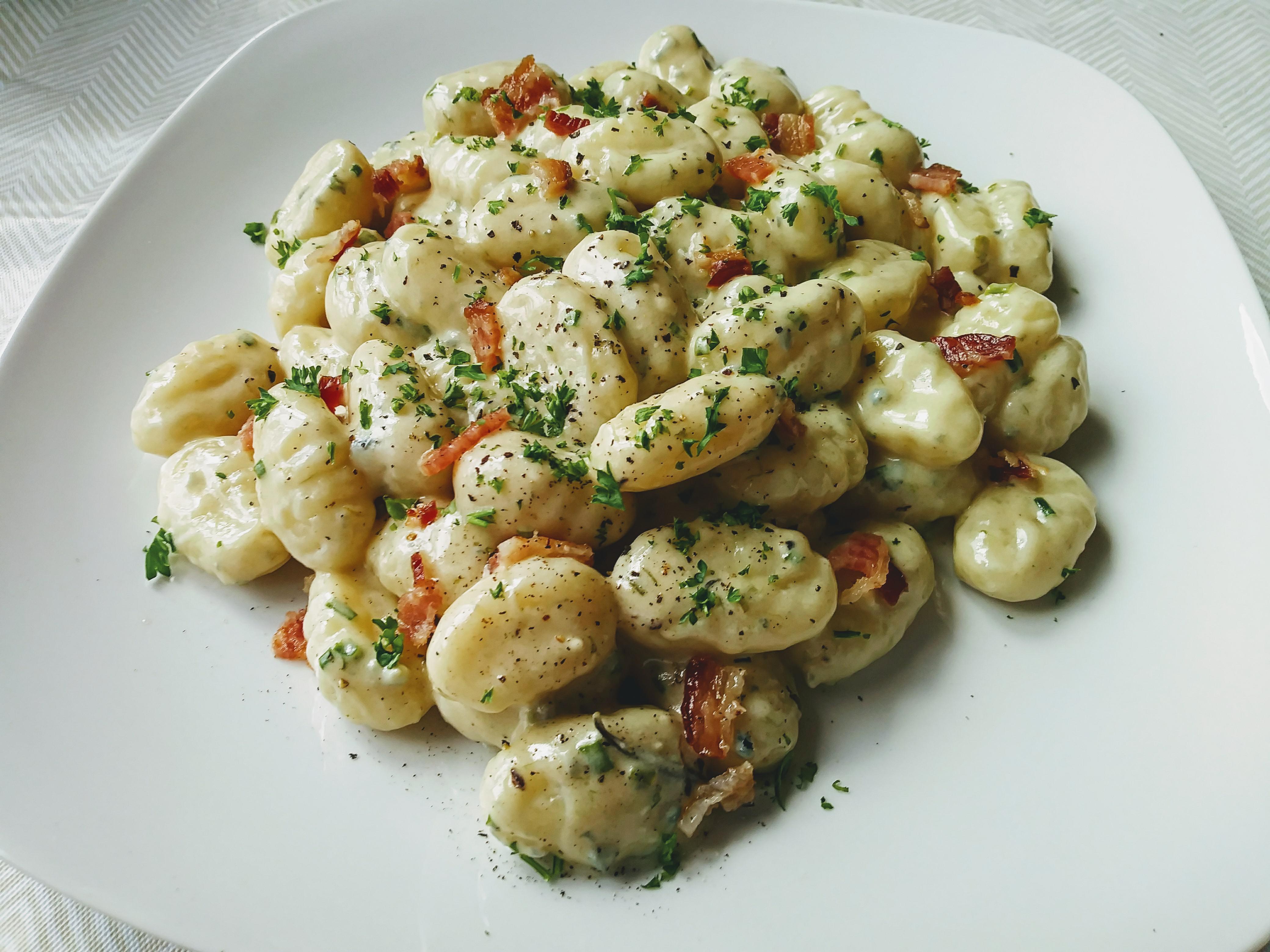 Gnocchi in a Blue Cheese/Chives Cream Sauce w/ Bacon, Black Pepper and