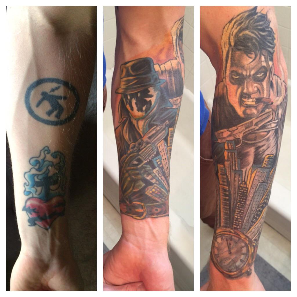 Covered up some terrible old tattoos with a Watchmen half sleeve Watchmen