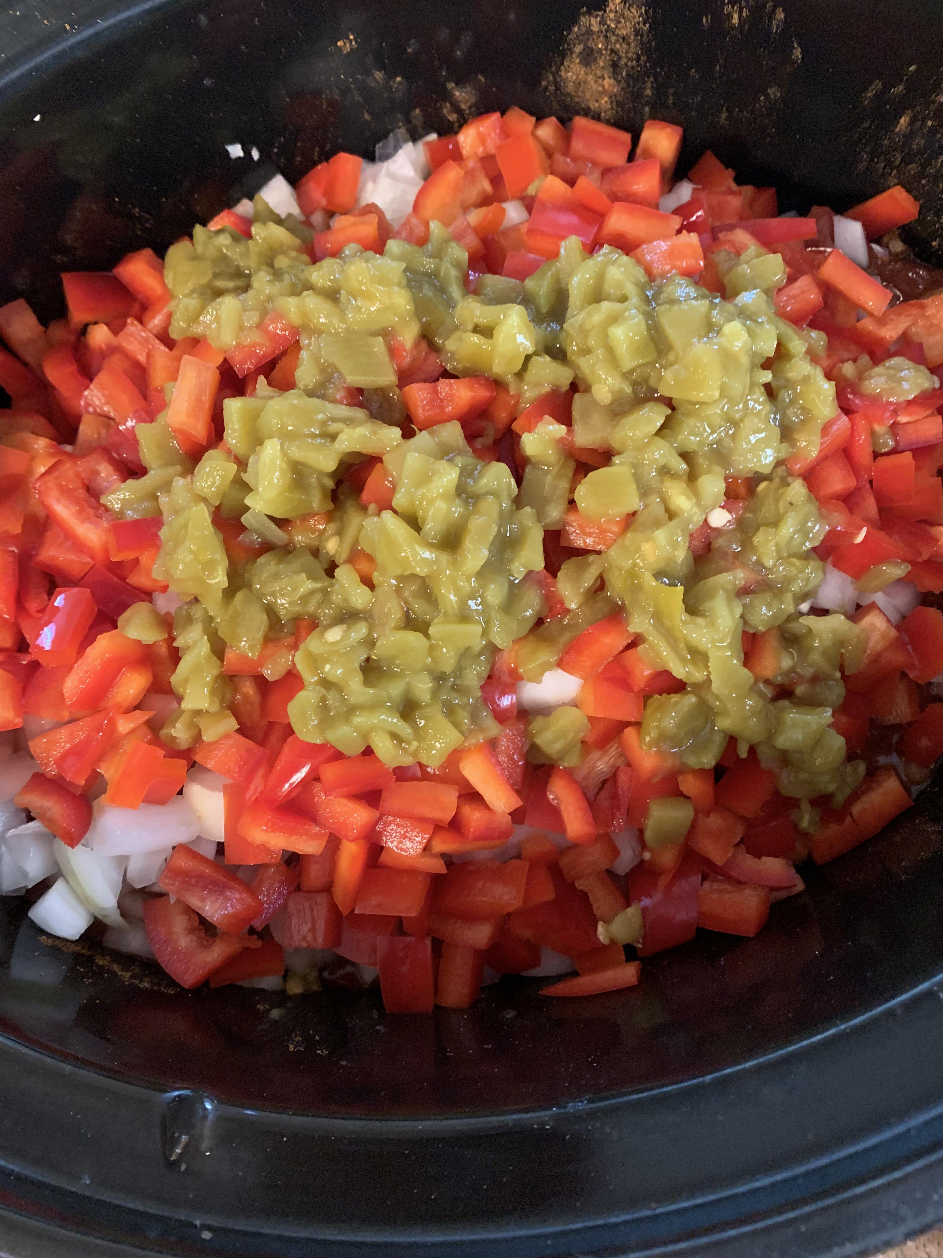 My Mexican chicken chili (before picture) chicken, red peppers, onions