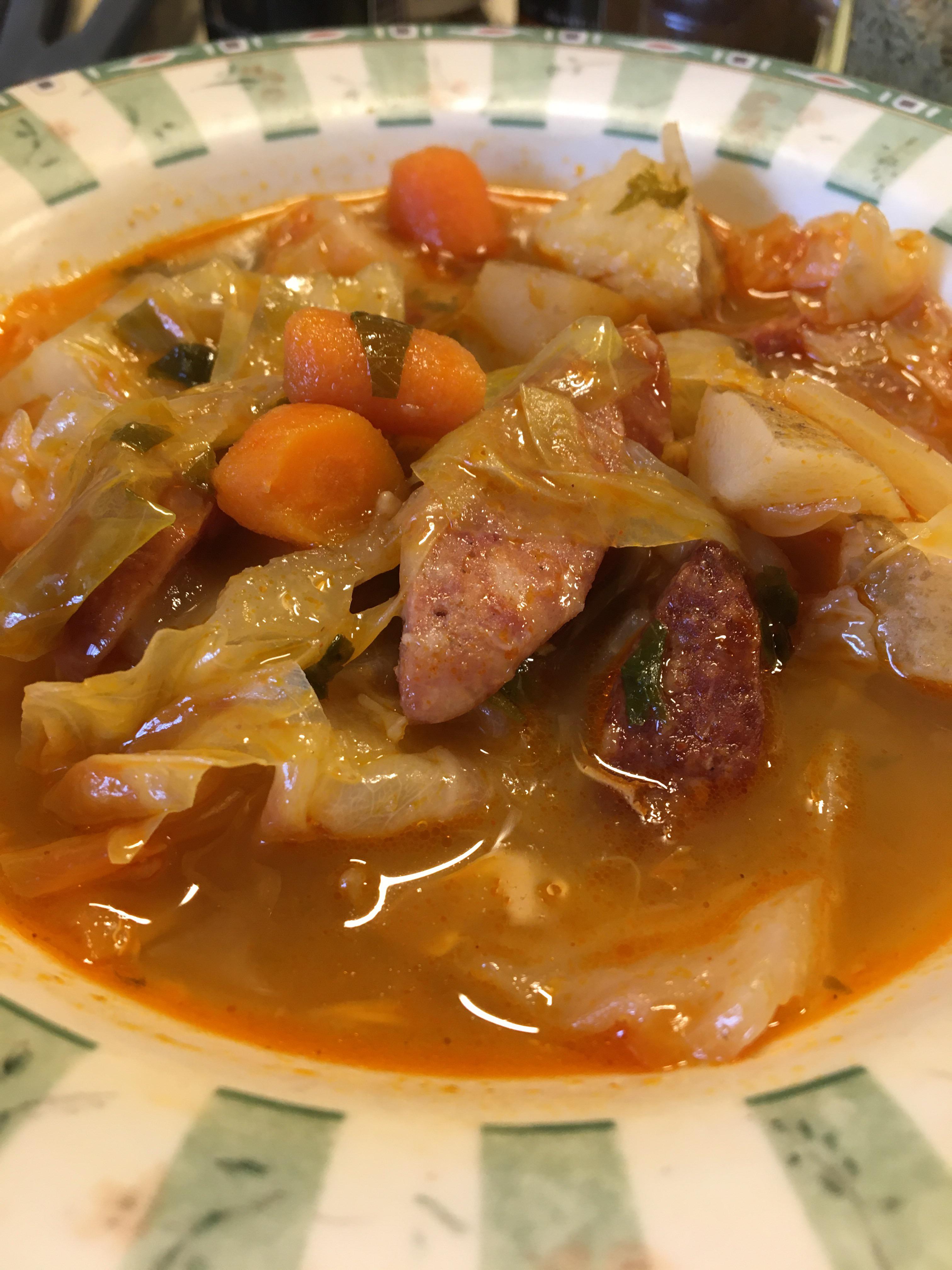 [homemade] Hungarian Sausage, potato and cabbage soup. I love making