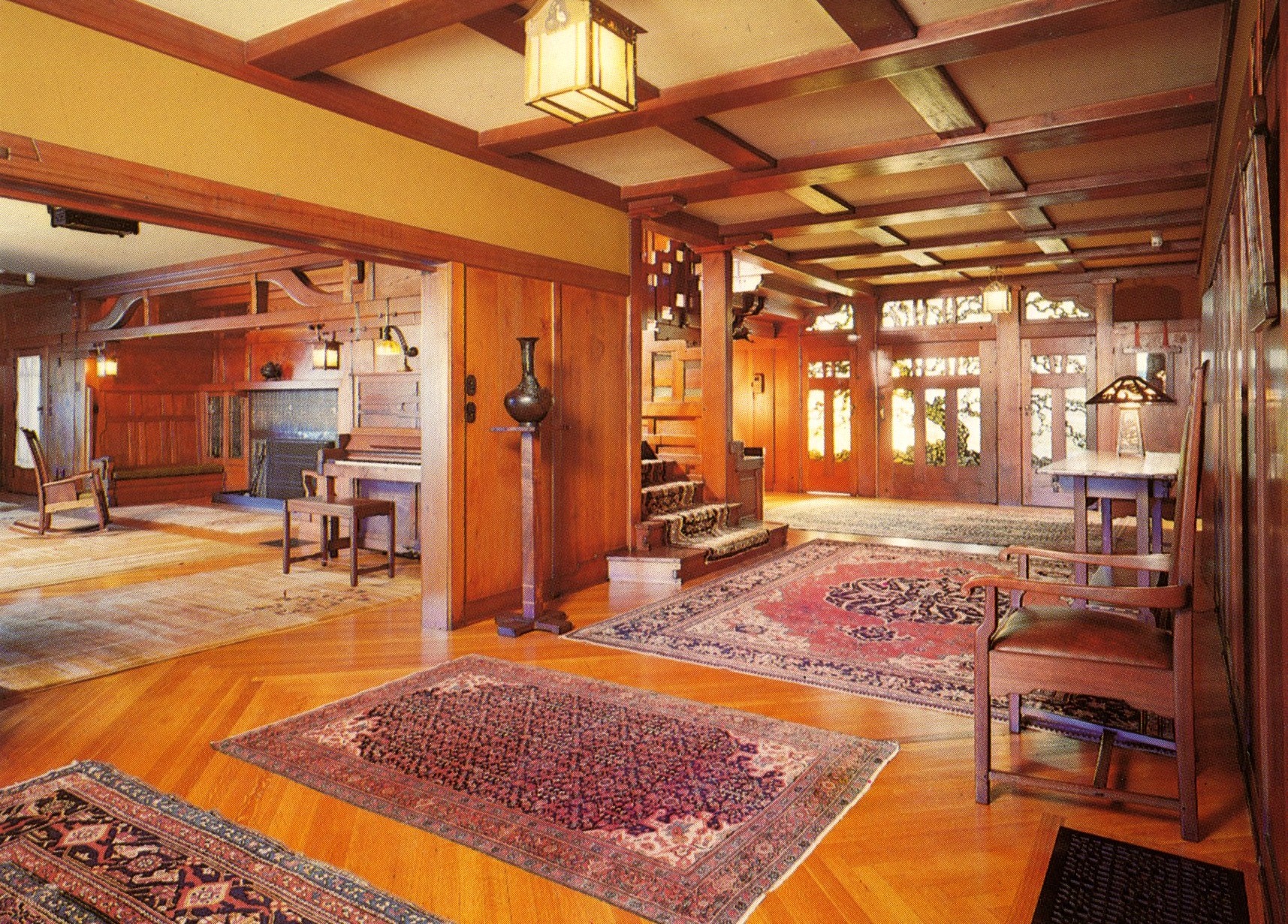 The main hall and parlor of the Gamble House. 1908. Greene and Greene