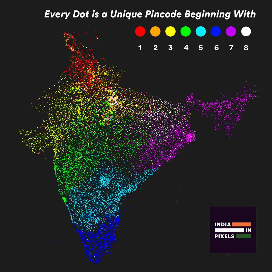 Map of India where Every dot is a unique postal code first digit MapPorn