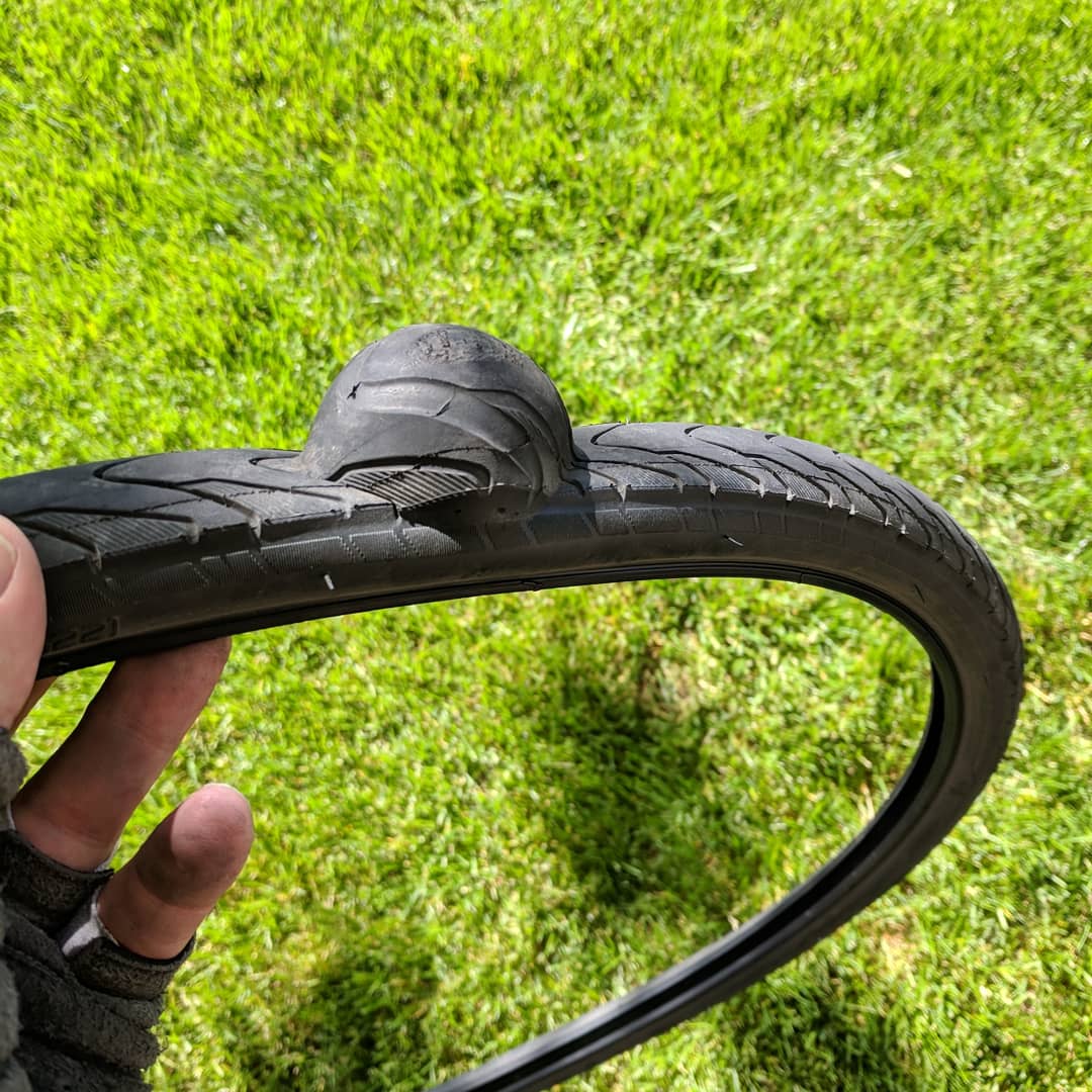 Nail in other side of tire, caused massive pressure difference, bubble