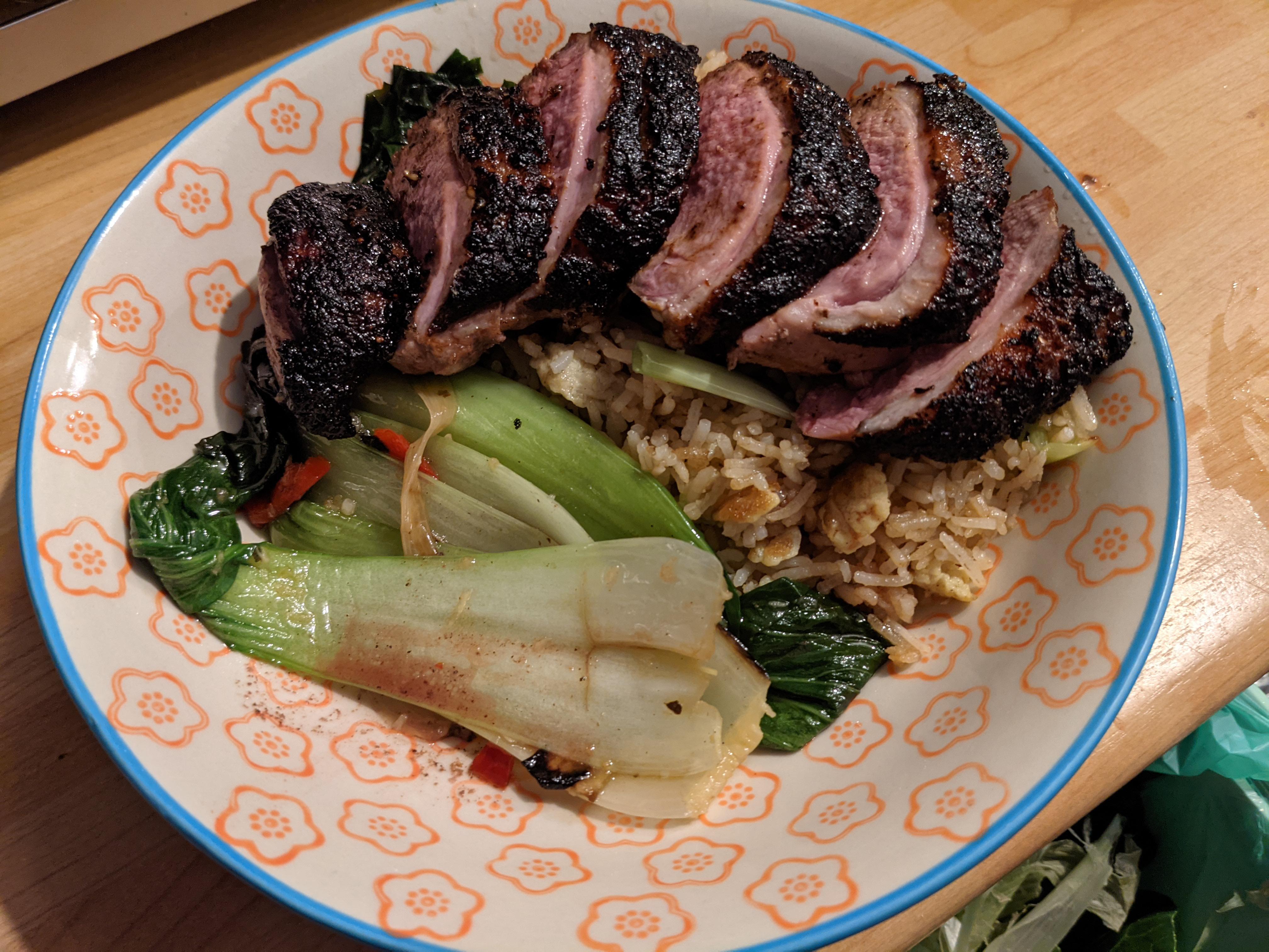 Home made five spice duck, with egg fried rice, and pak choi with chili
