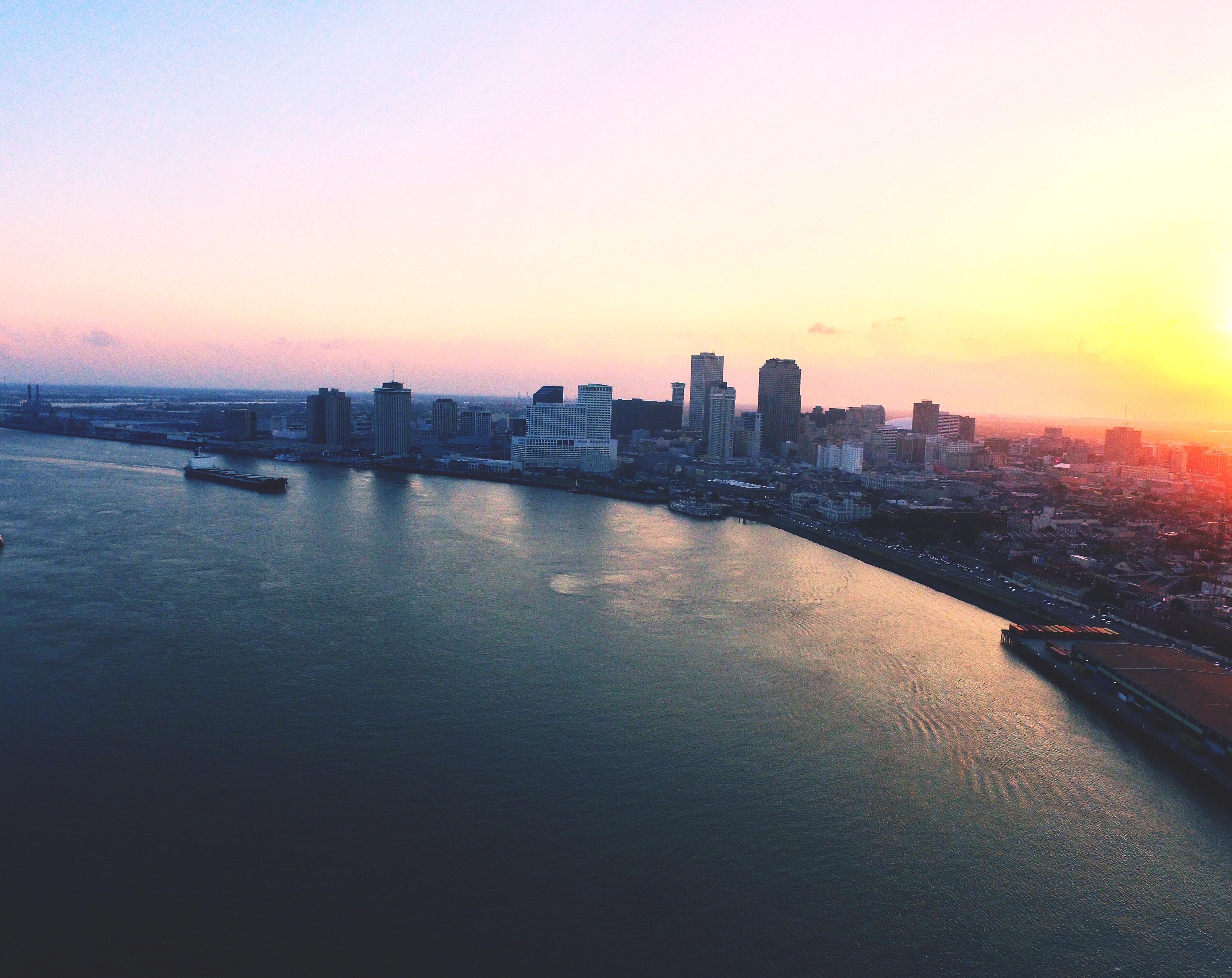 Aerial view over the Mississippi River of New Orleans r/Louisiana