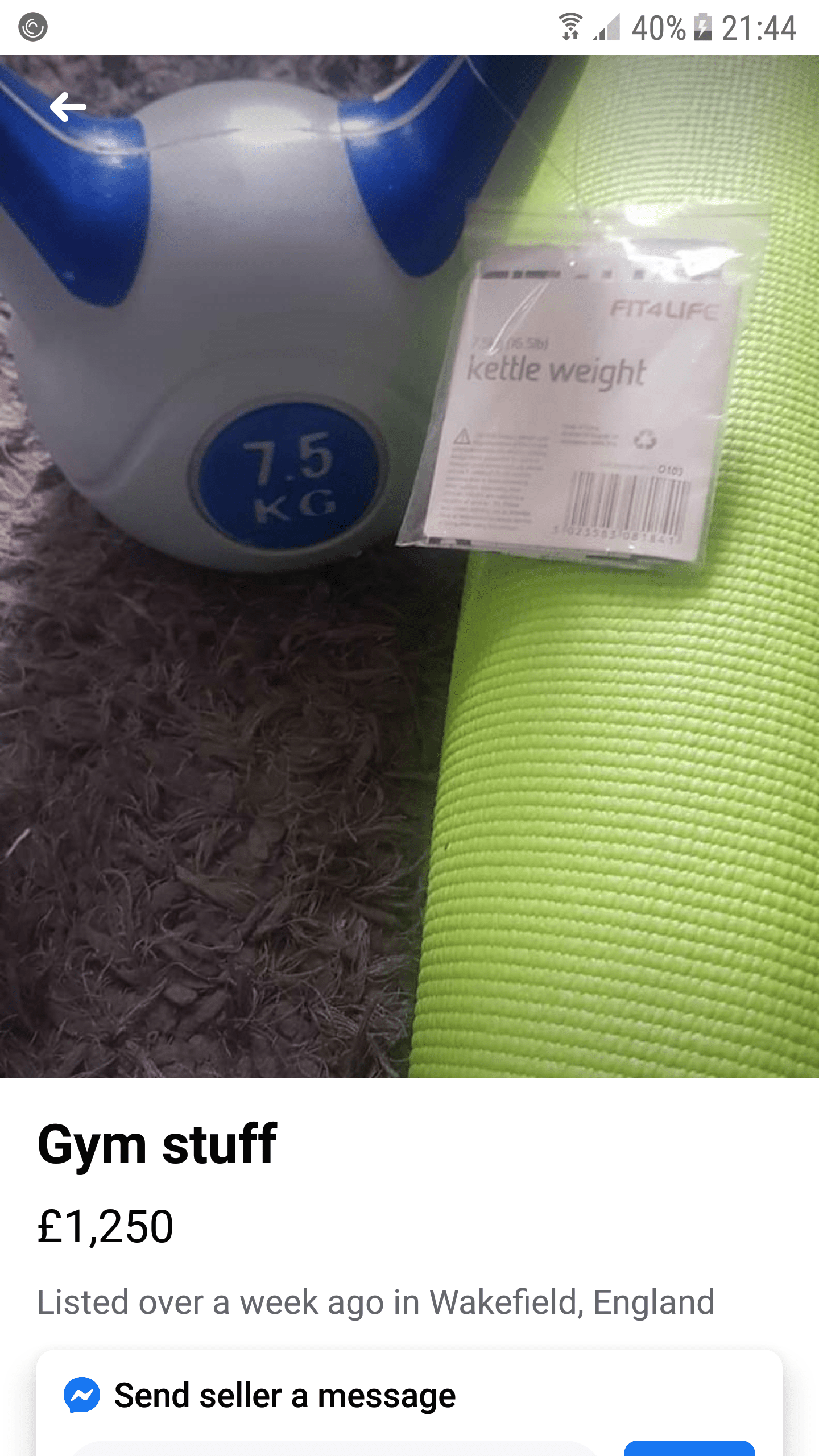 Yoga mat used a couple of times and an unused kettlebell. Bargain. r