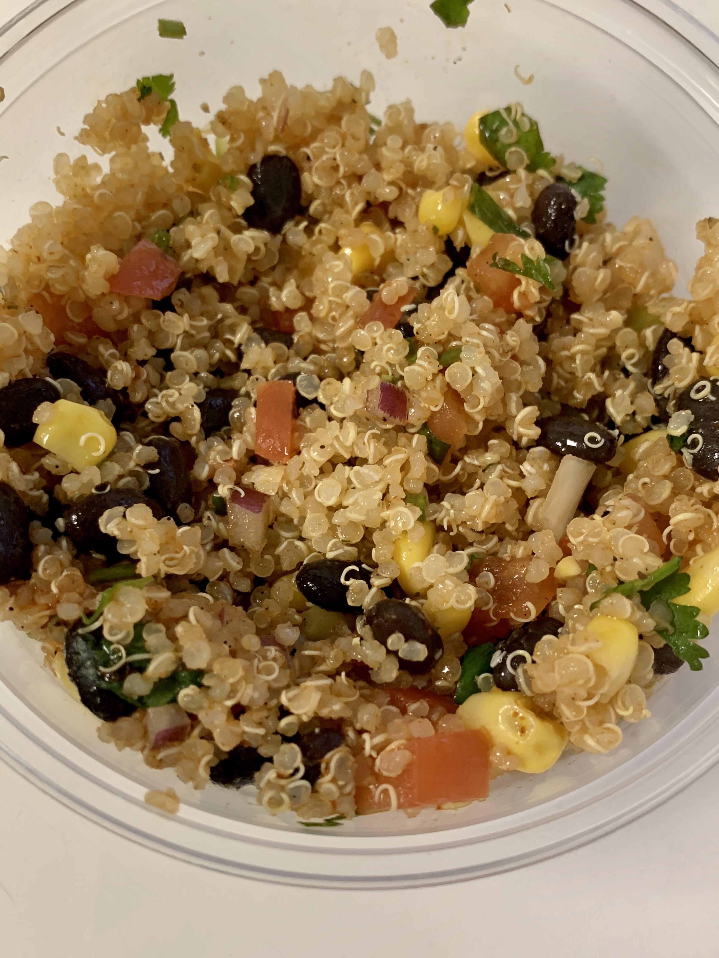 I ate quinoa salad with fresh corn, black beans, red onions, and