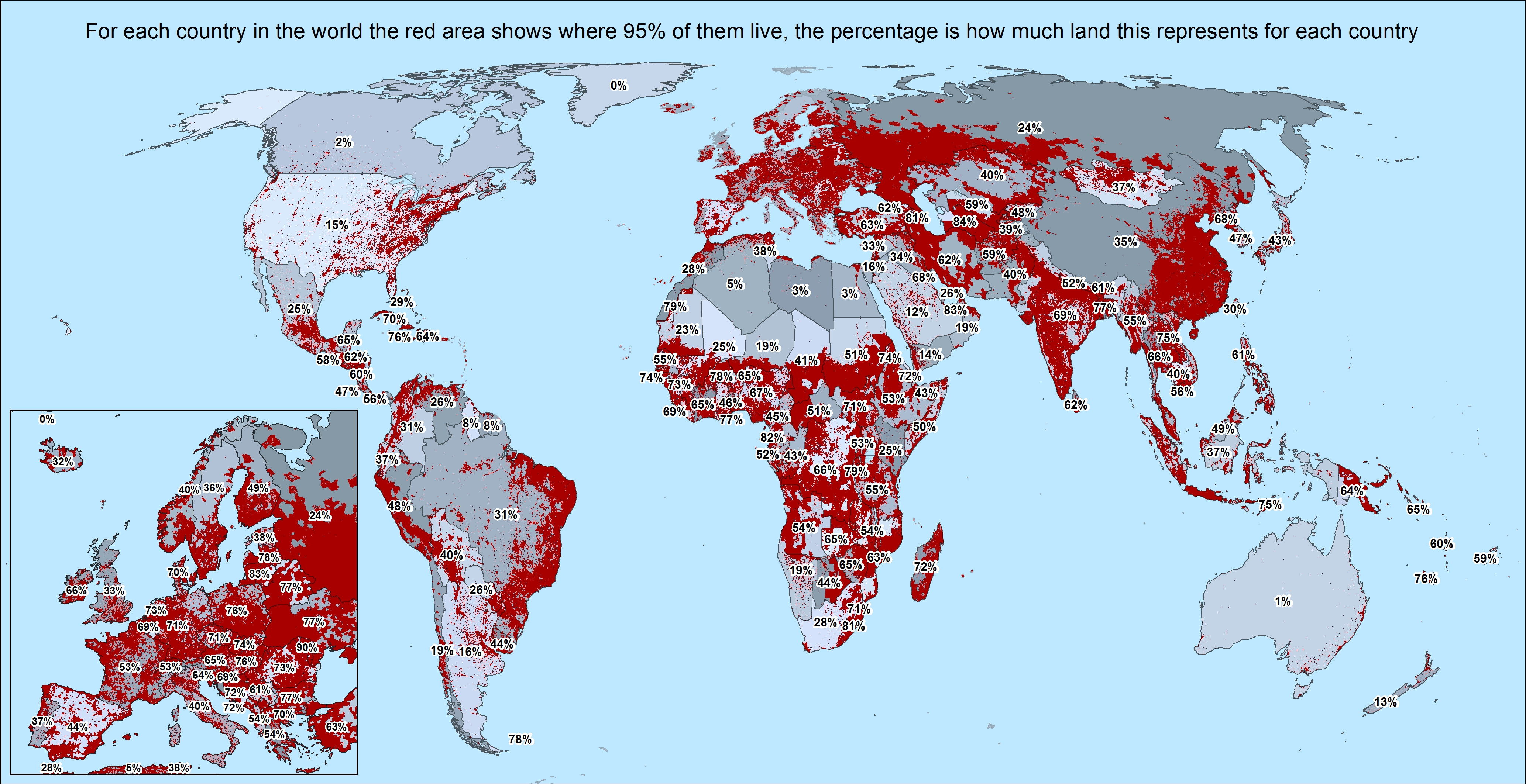 For each country in the world the red area shows where 95 of them live