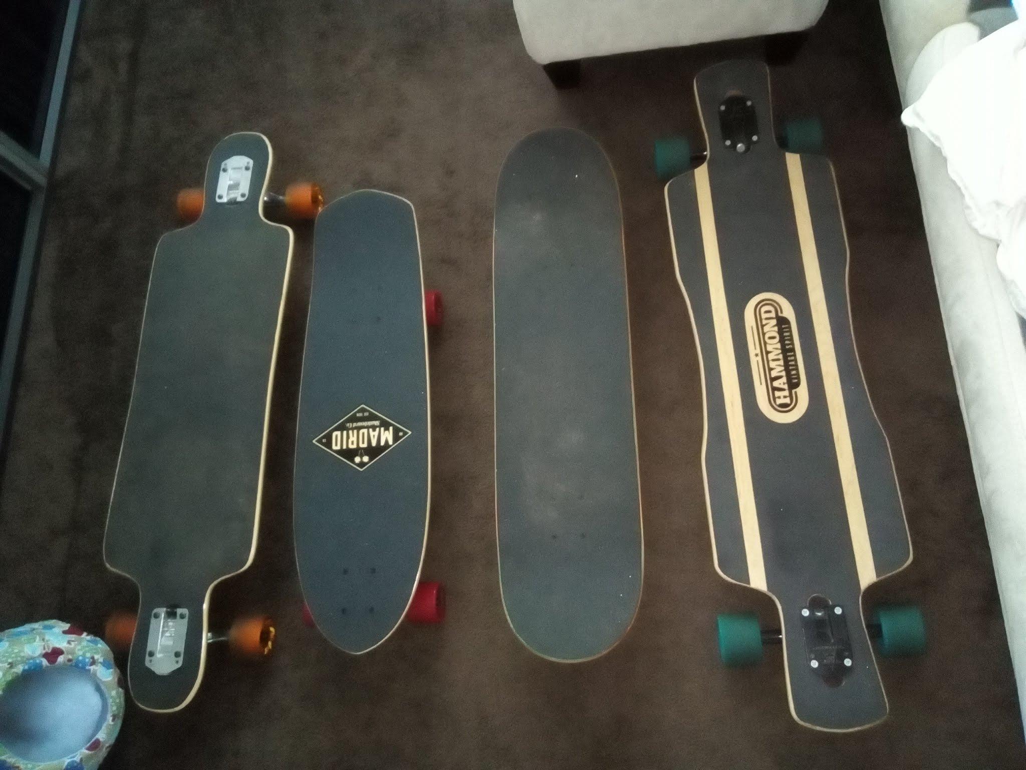 My 3 longboards, and a skateboard which is going to get big wheels r