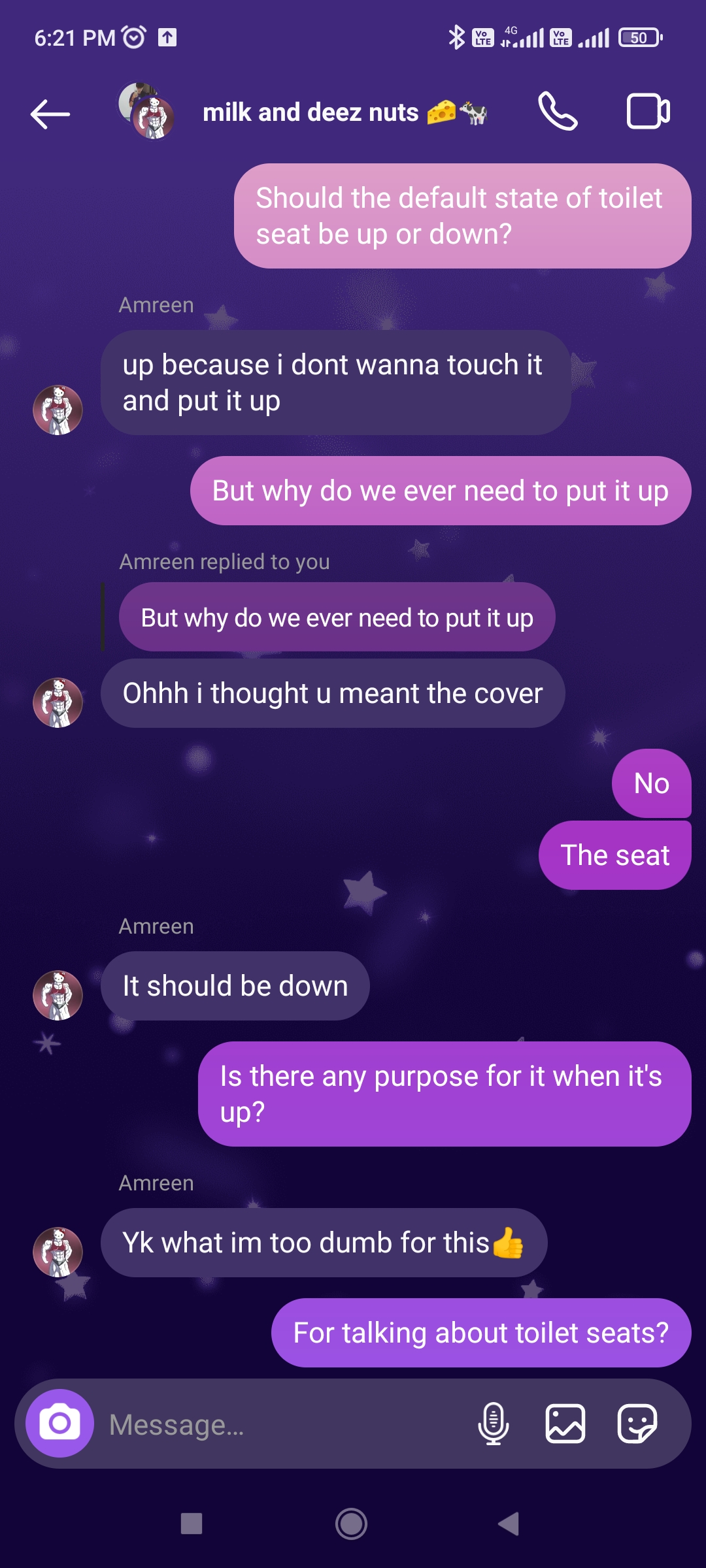 What's the default state of the toilet seat? Up or down? Cause I