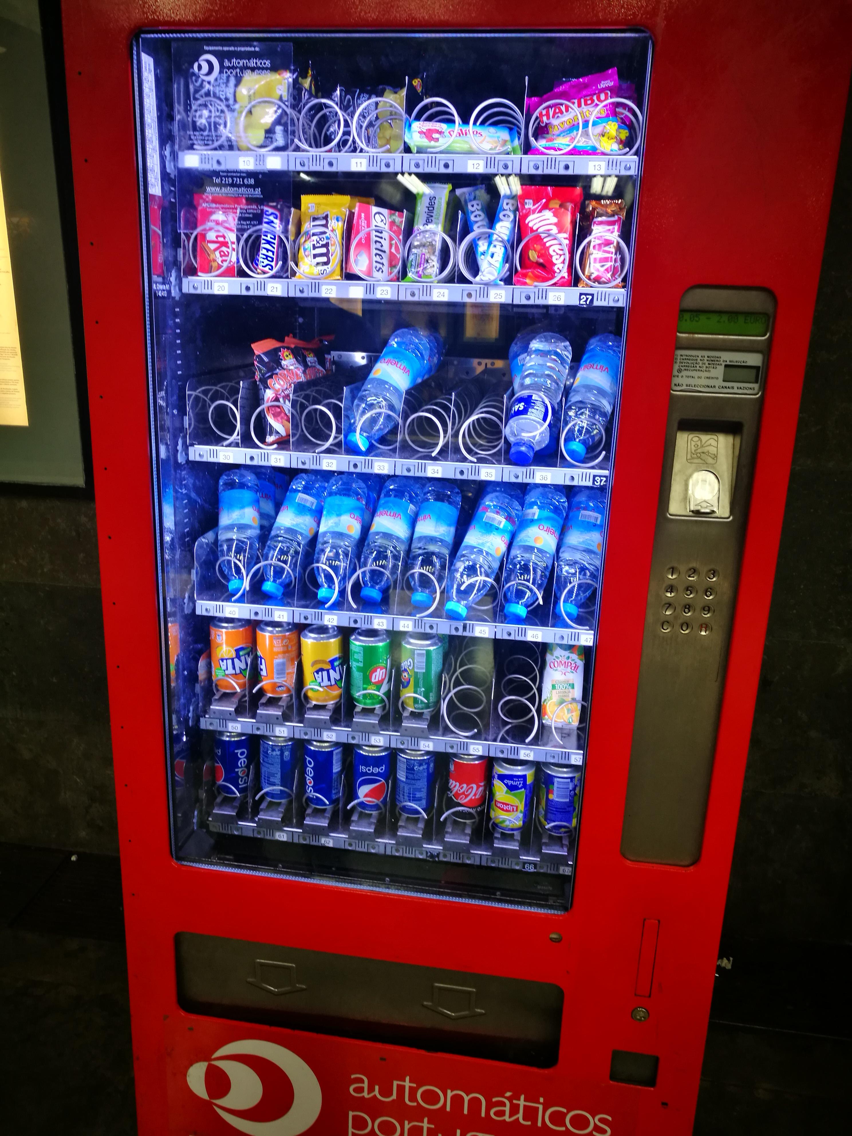 The drinks in vending machines in Lisbon, Portugal, are stored upside