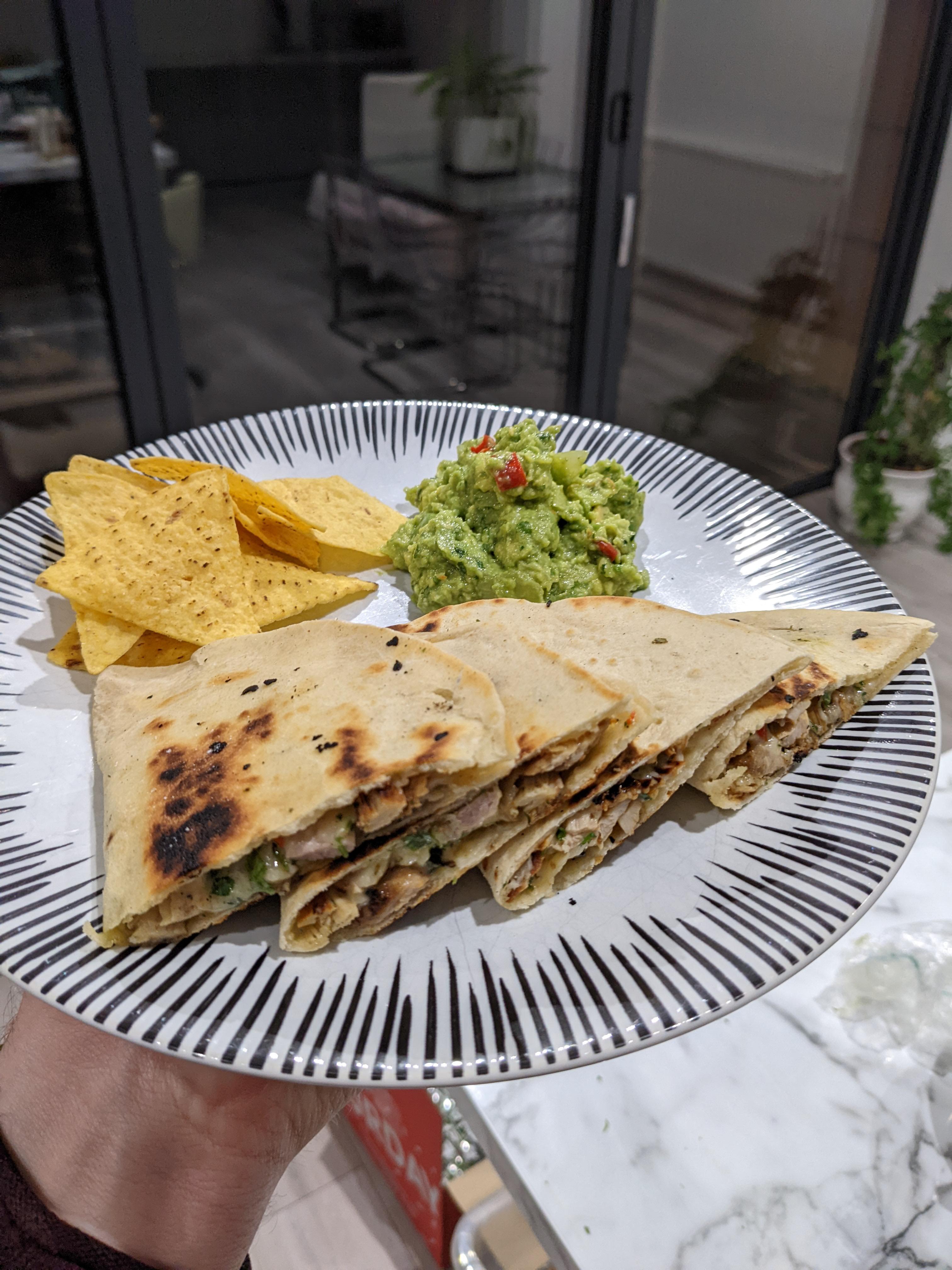 Smoky chicken quesadillas with guacamole and flour tortillas r