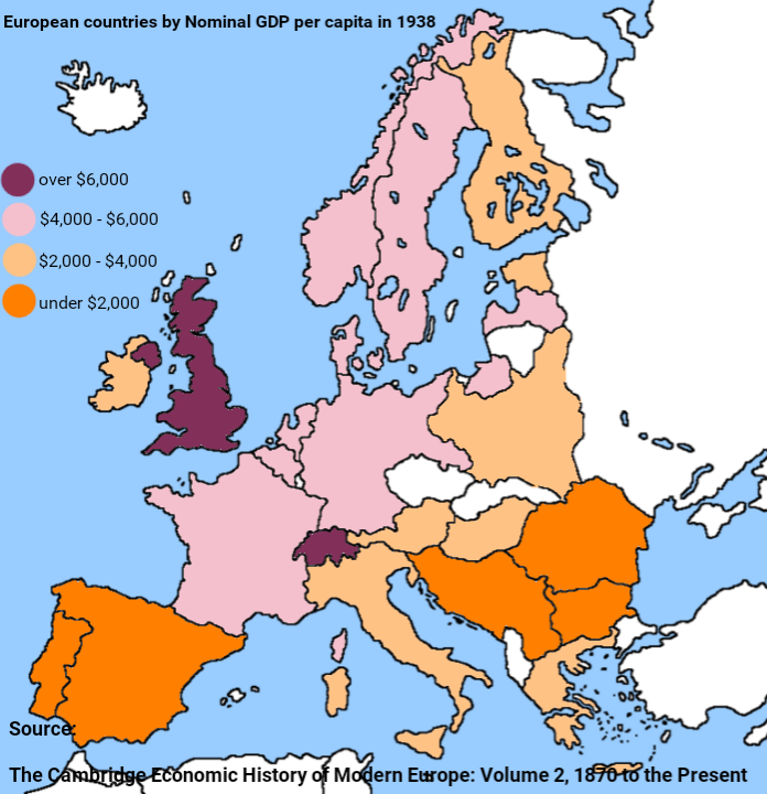 European countries by GDP per capita in 1938 (xpost r/mapporn) r/europe
