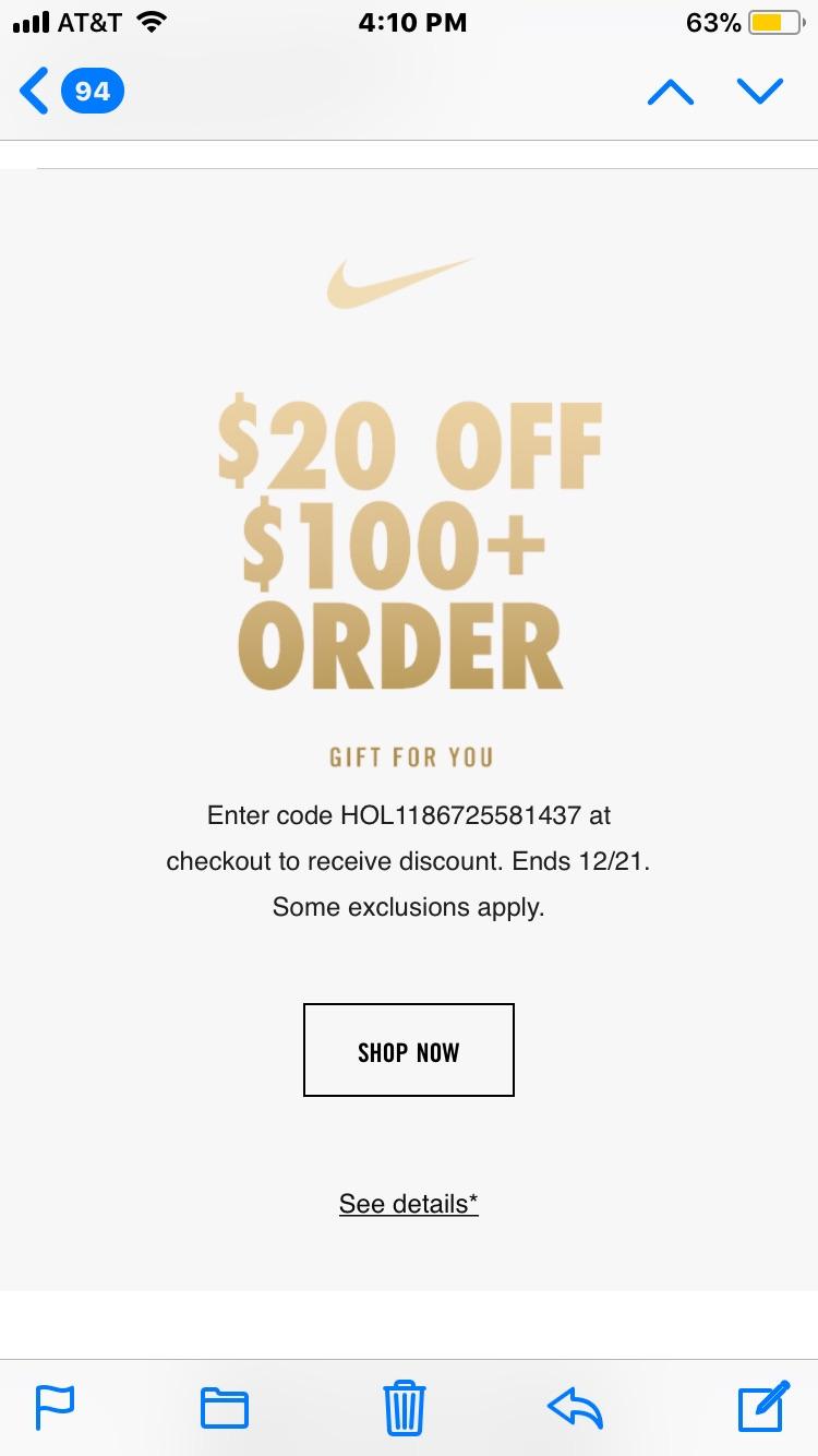 Here’s a 20 coupon for Nike r/Sneakers