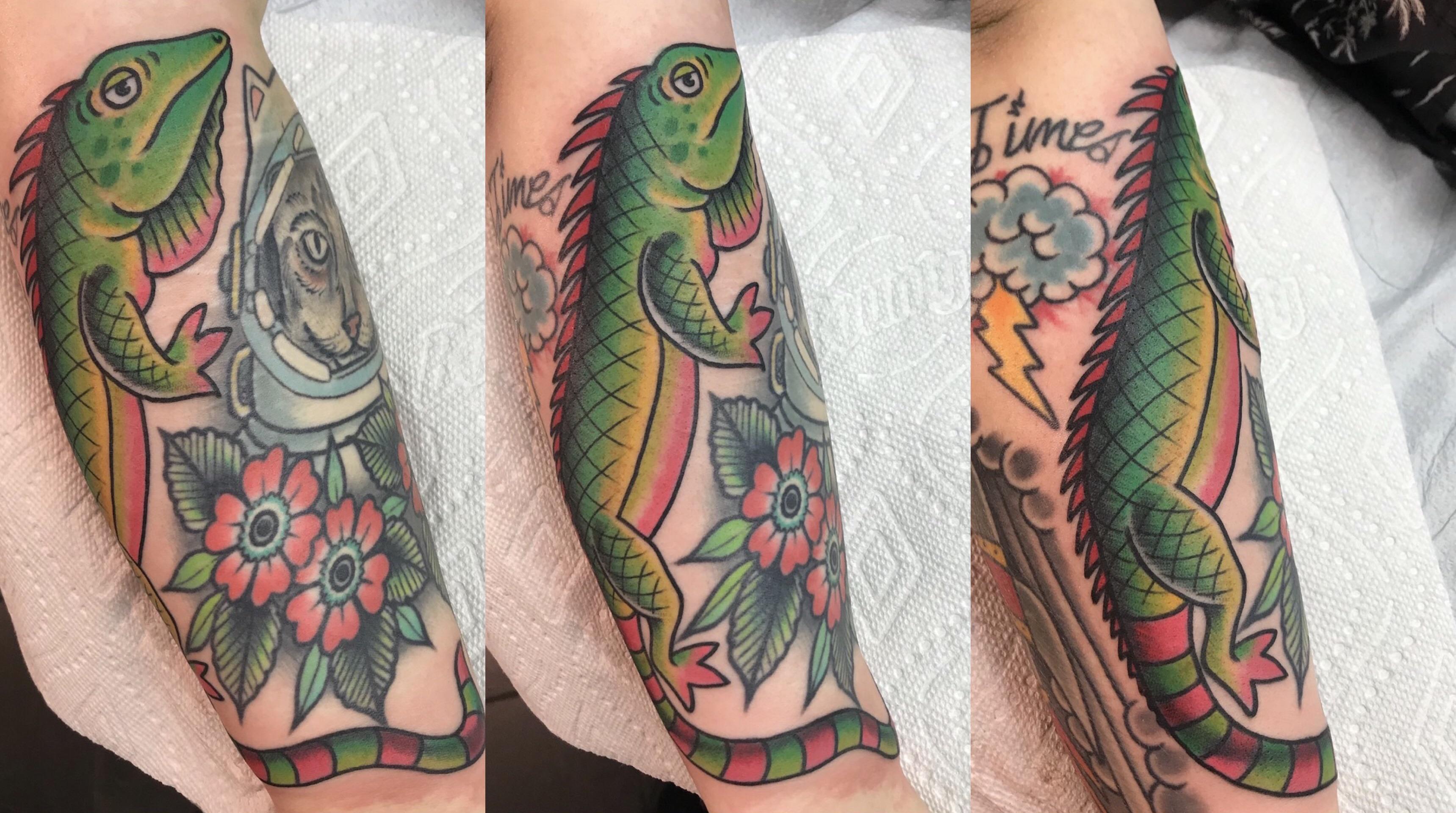 Iguana forearm wrap, by David Wood at Acme Tattoo in Jacksonville, Fl
