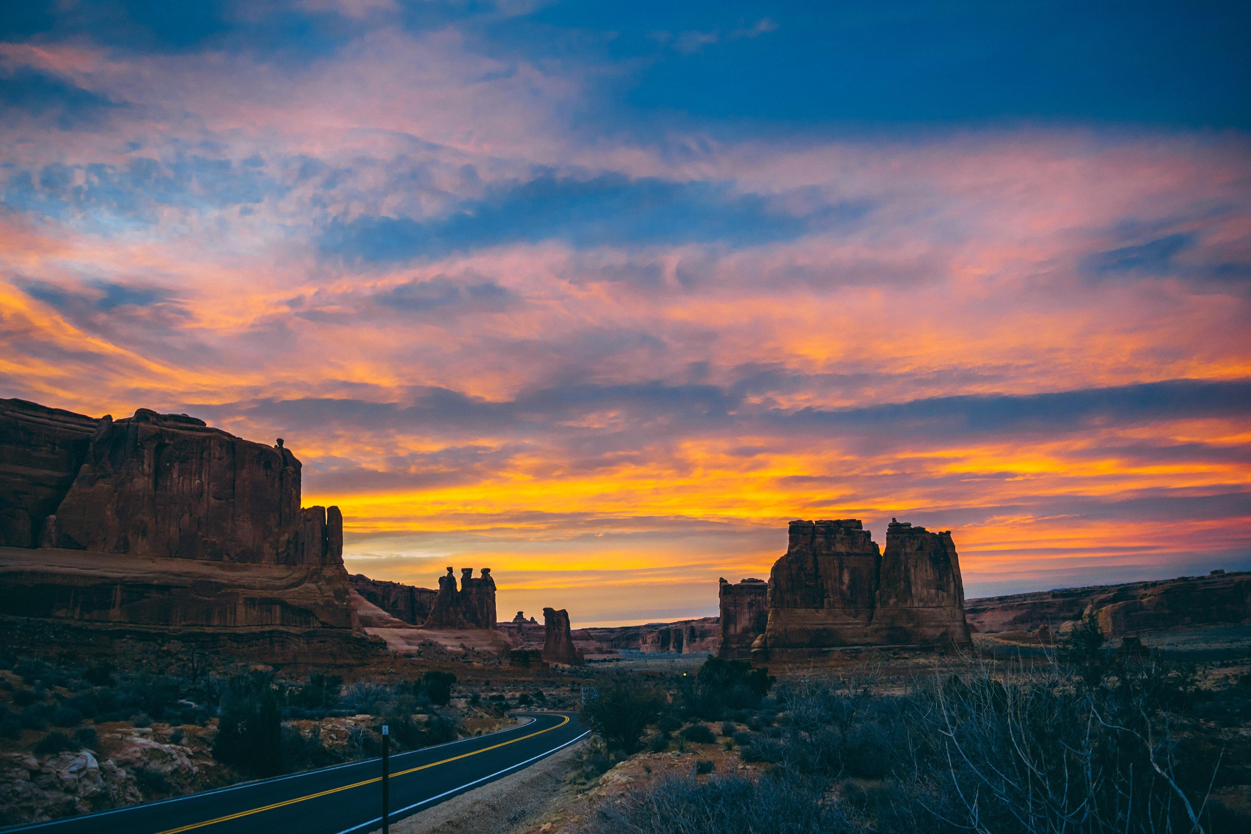 Sunset in Arches, arches national park, Utah, USA hiking