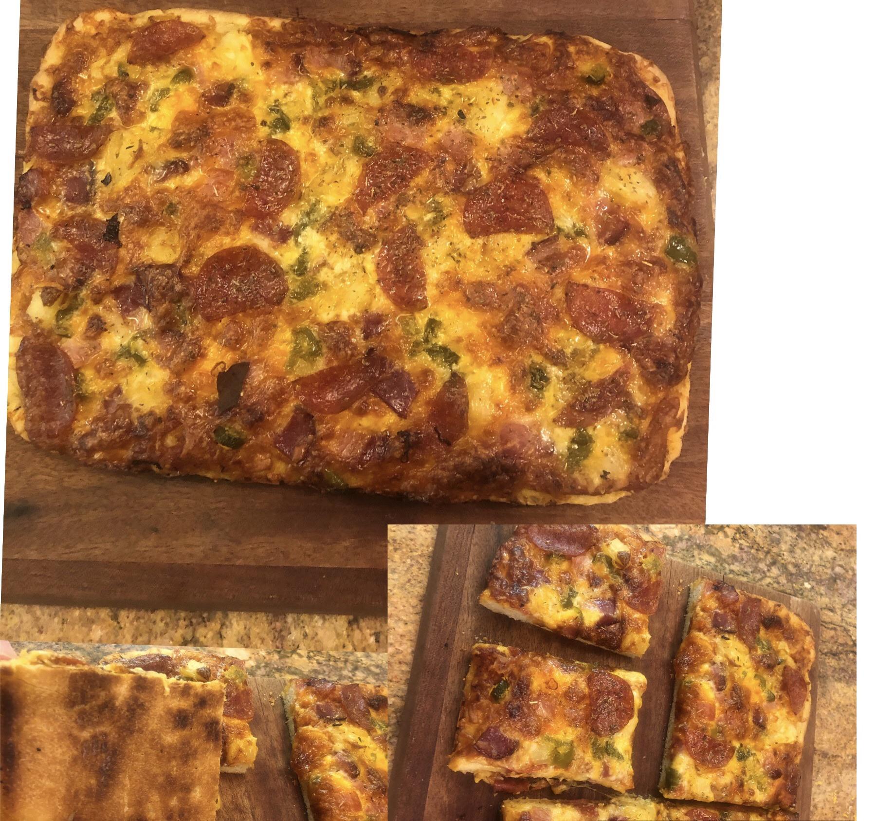 Detroit style pan pizza crust, Cook’s Illustrated sauce recipe, topped