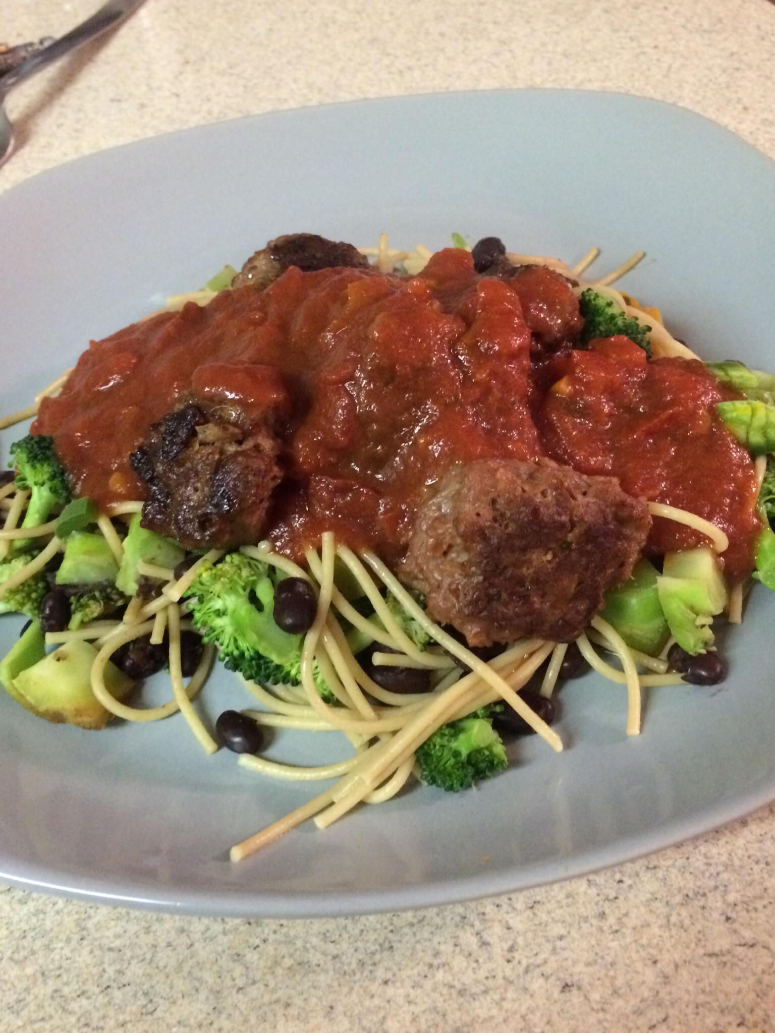 Beyond beef(made into meatballs) and whole wheat pasta r/veganfitness