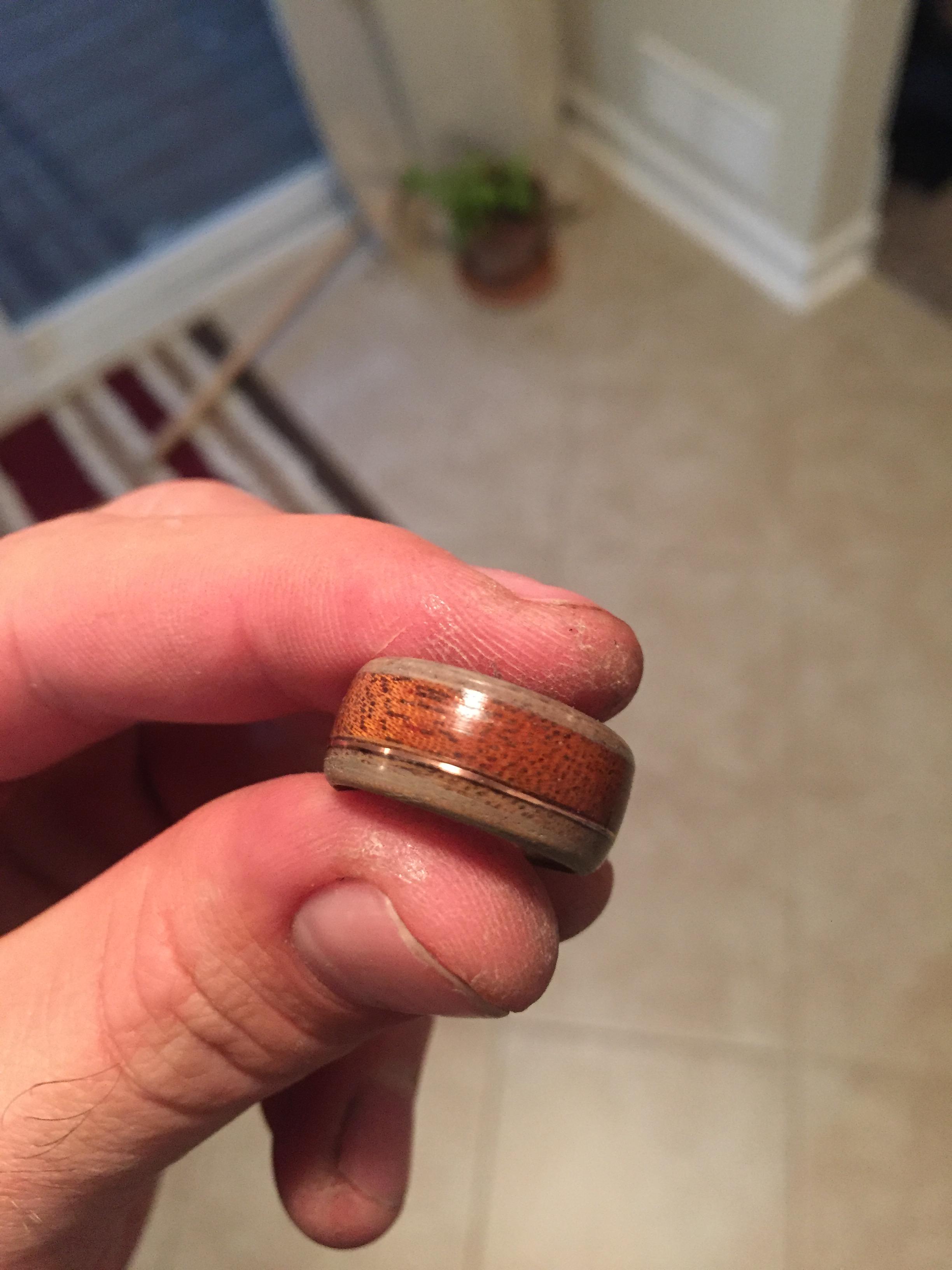 Made a ring with mahogany, walnut and copper. r/woodworking