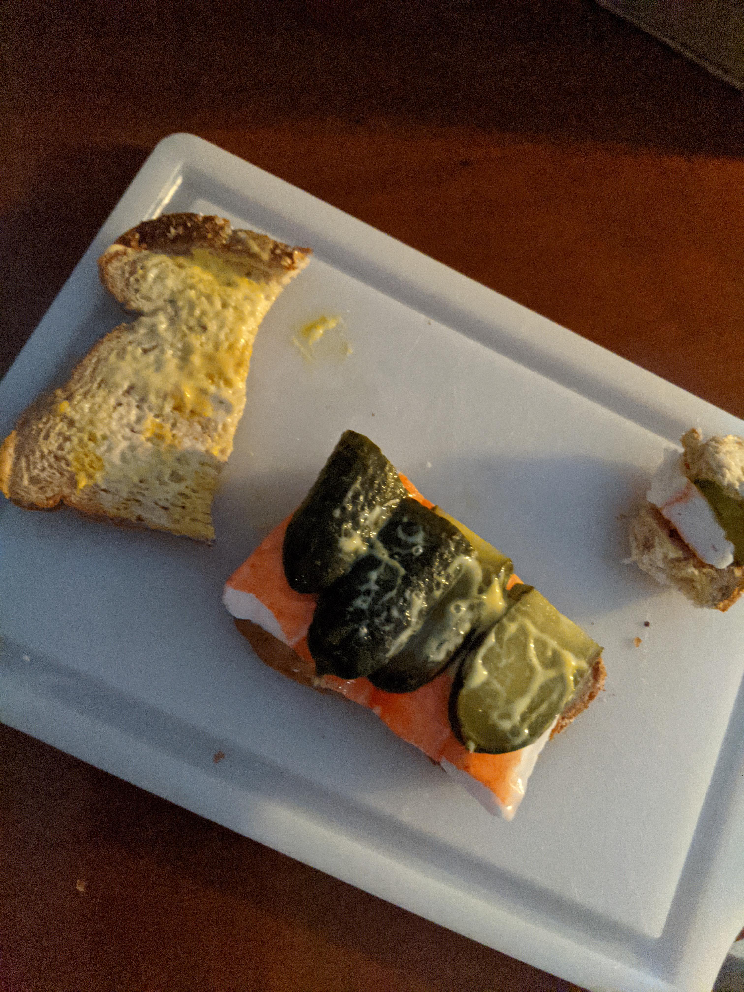 Surimi (fake crab) and pickle sandwich with mustard and yogurt ranch