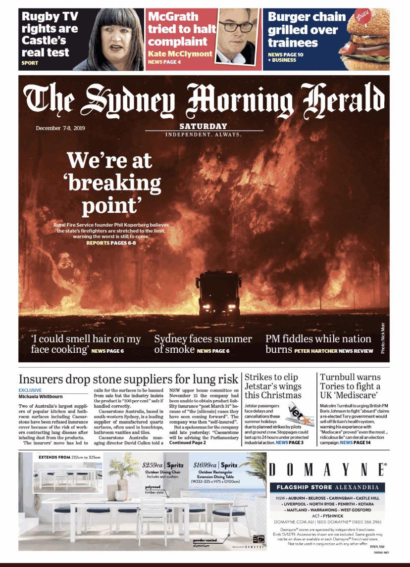 Front page of the Sydney Morning herald. If this isn’t a climate