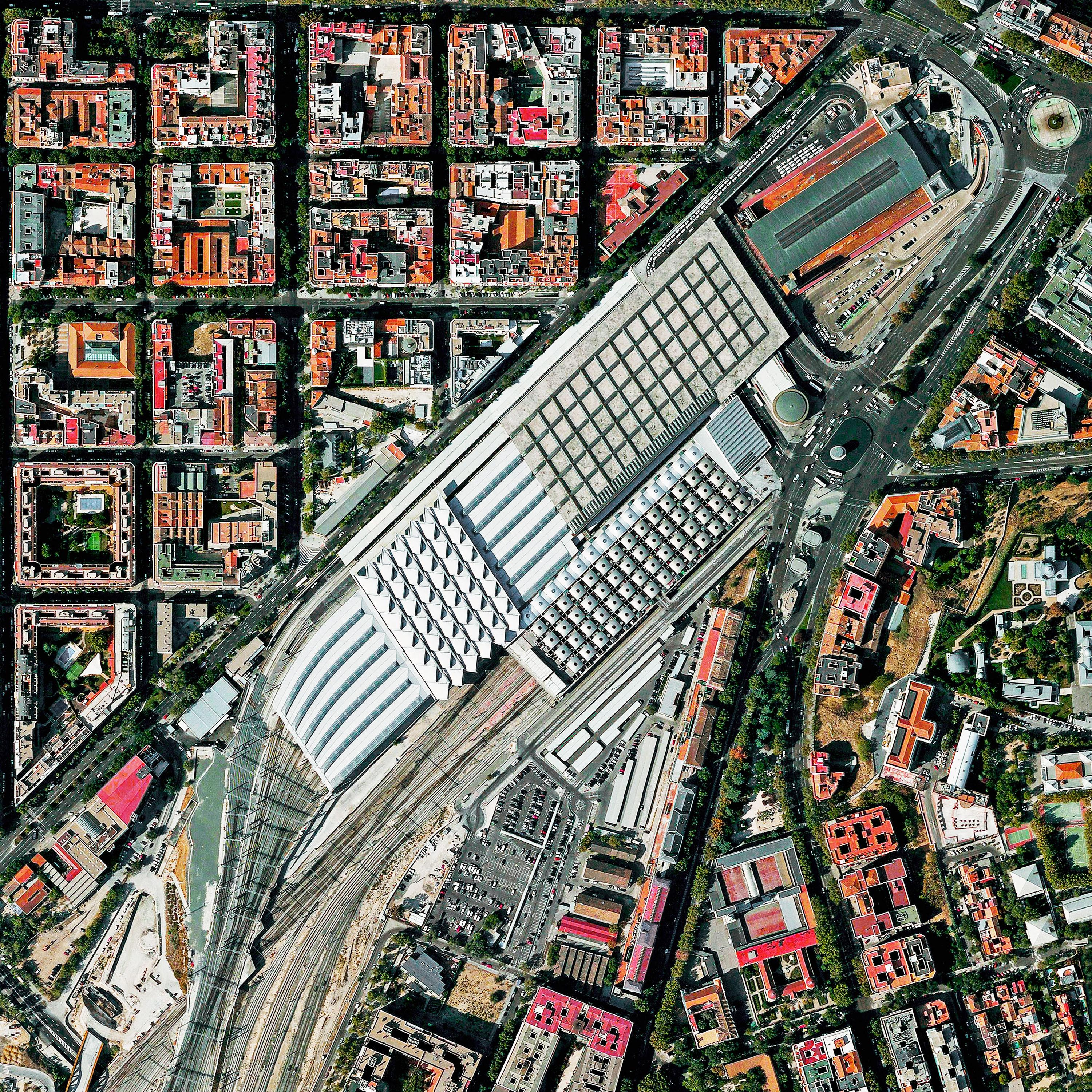 Aerial view of Madrid Atocha Railway Station, the largest in Spain