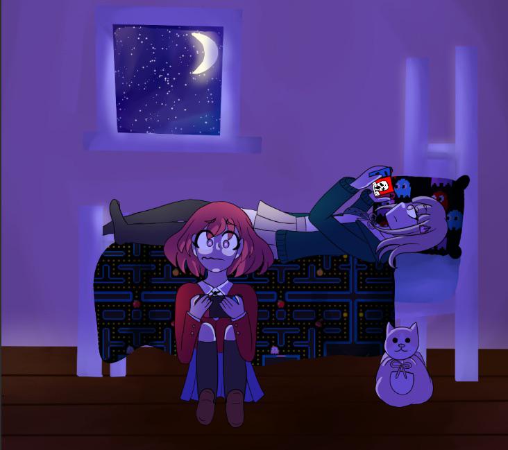 chiaki nanami and minori kushieda playing horror games together in the