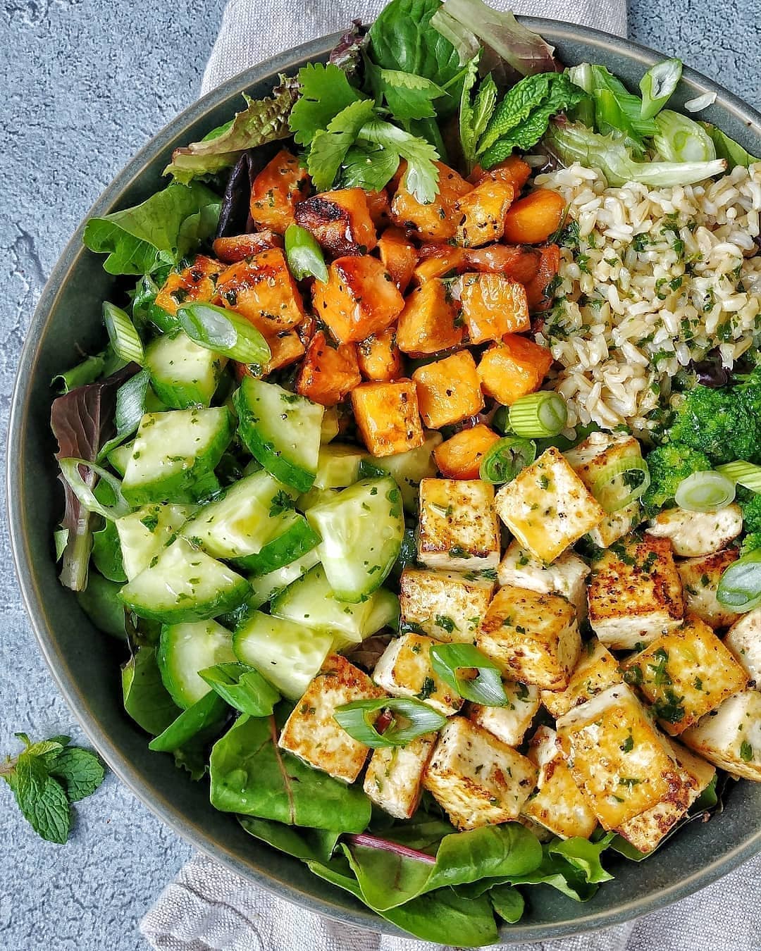 Seasoned Tofu & Roasted Sweet Potato Bowl with Asianinspired Orange