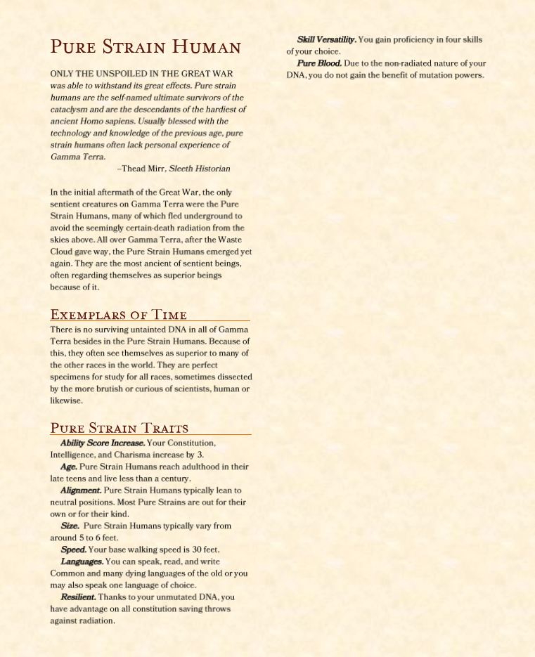 Testing out converting classic Gamma World 4E to DnD 5e rules. What do