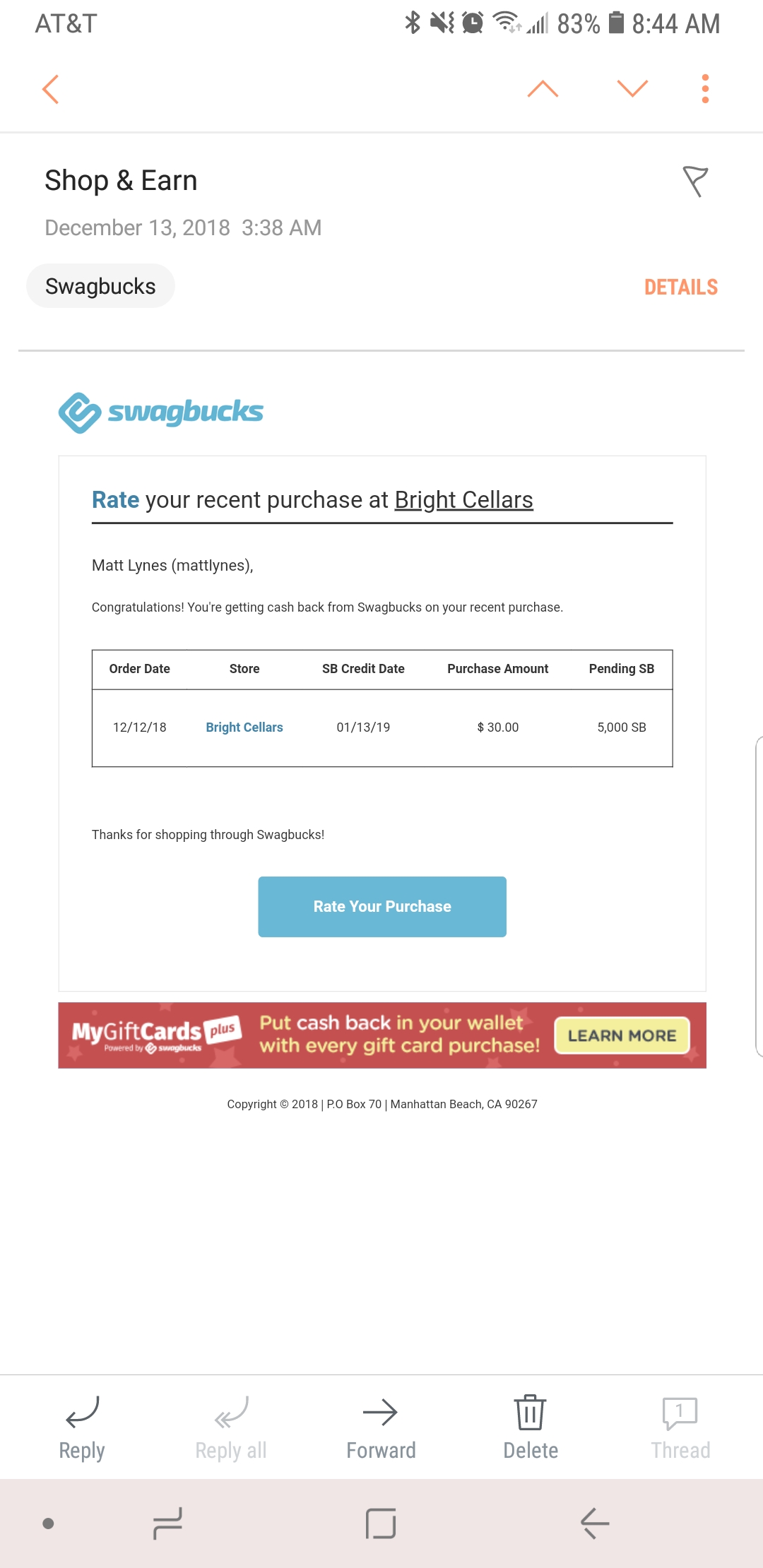Swagbucks email confirming SB but not showing in activity and swagbucks