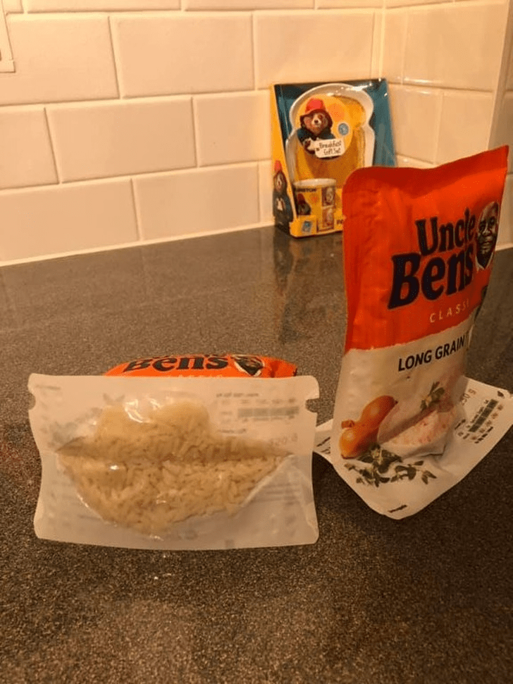 Microwaveable rice pouches have tabs at the bottom that you can open to