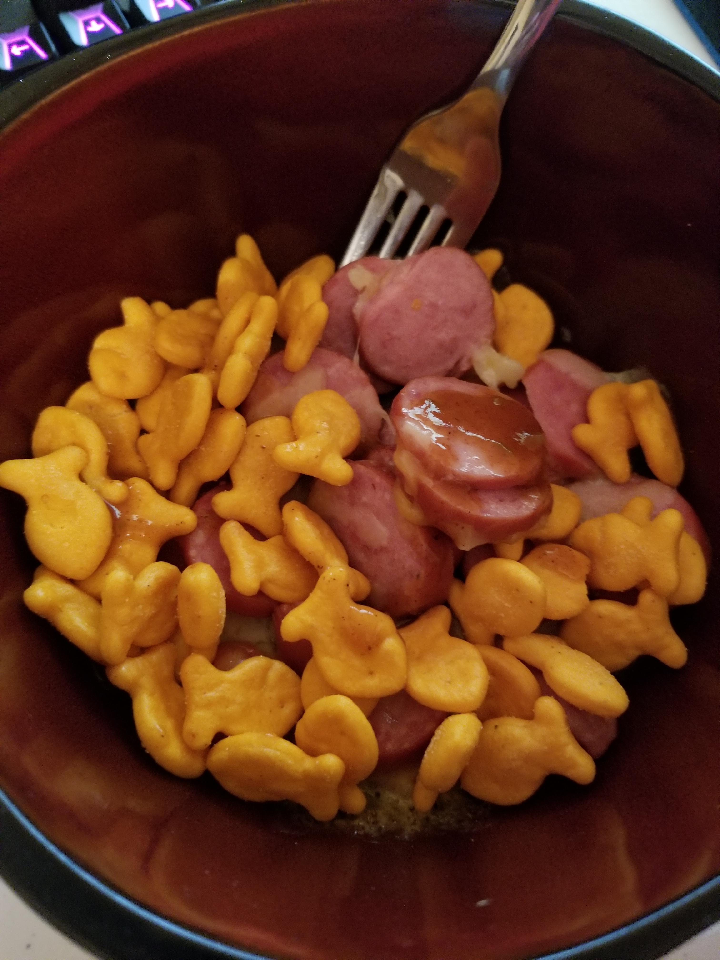 Kielbasa and Goldfish with some hot sauce. r/shittyfoodporn