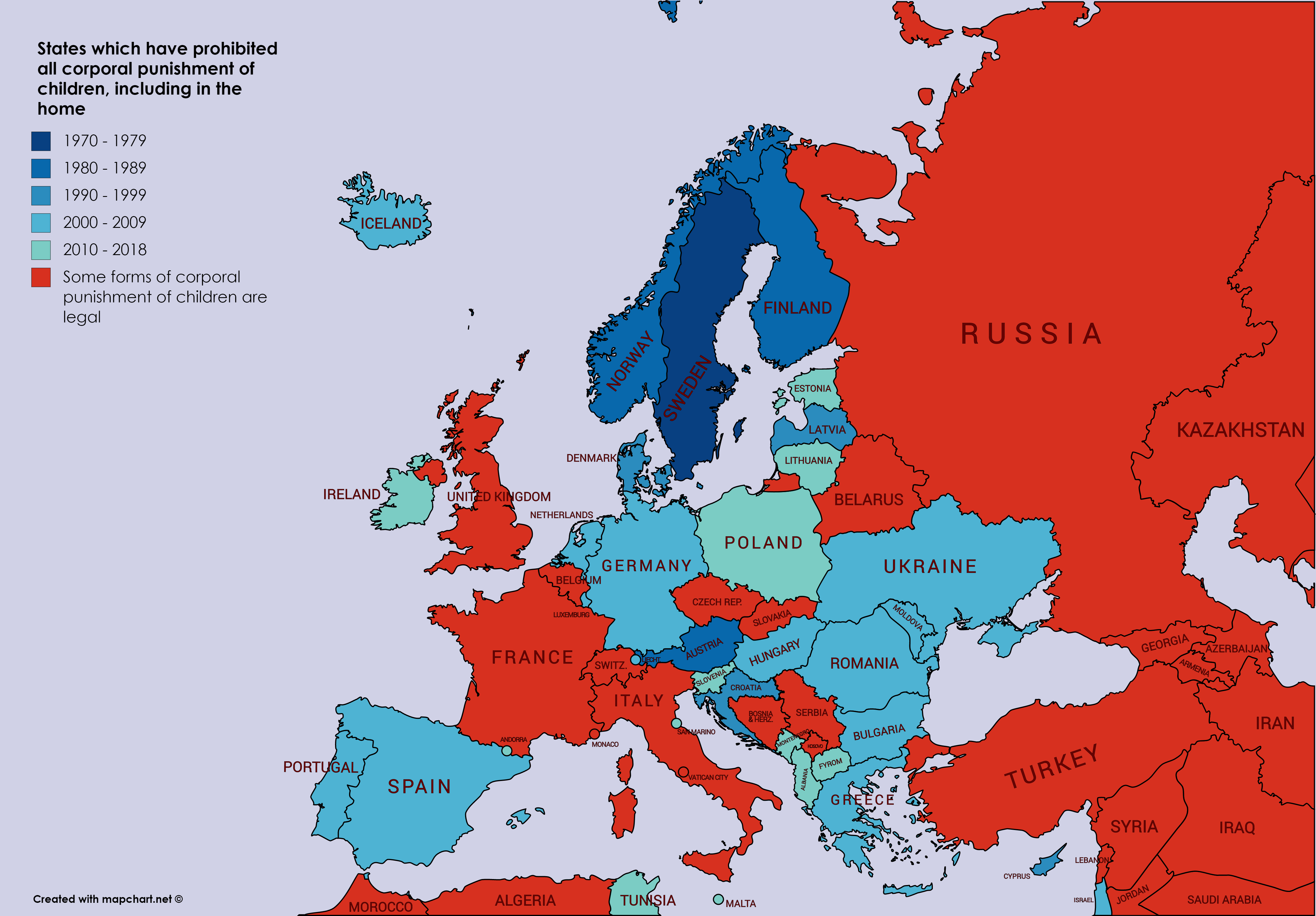 States which have prohibited all corporal punishment of children