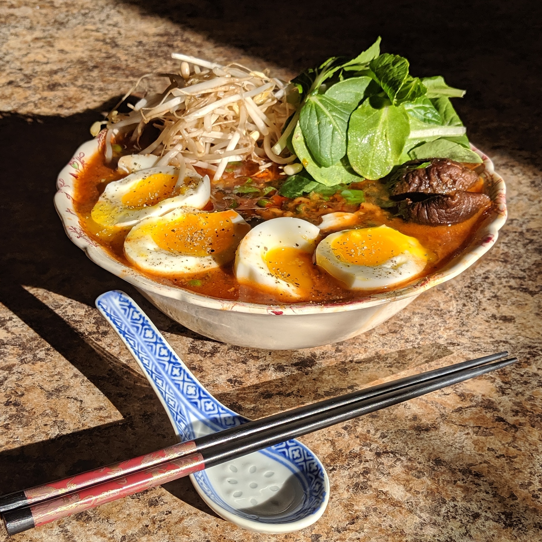 [Homemade] Ramen with soft boiled eggs, shiitake mushrooms, baby bok