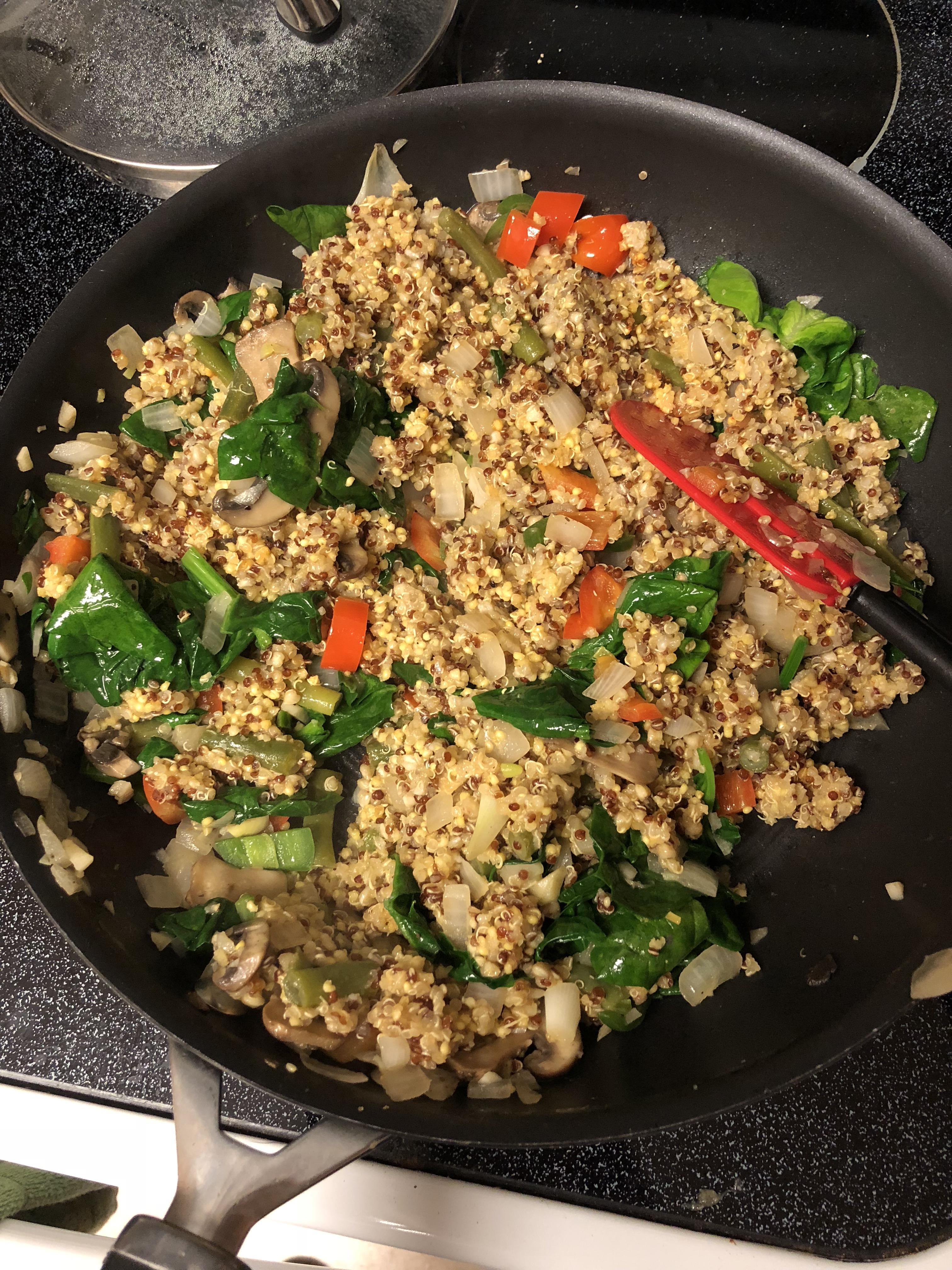 Quinoa, millet & buckwheat mixed with all the veggies. Severed in a