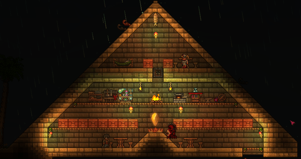 I made a pyramid house in the desert, pylon shrine and fishing spot included. r/Terraria