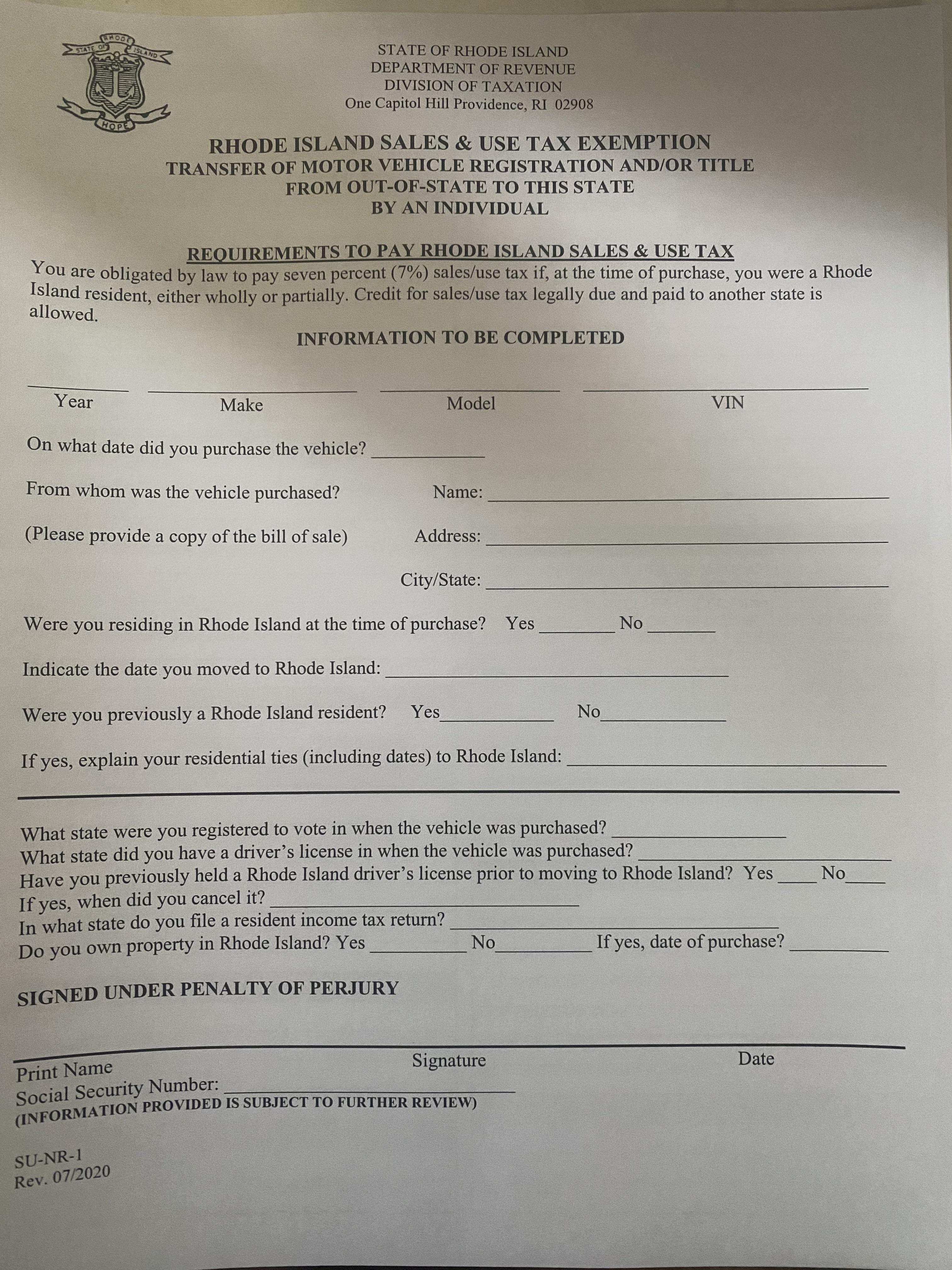 I’m registering my car in Rhode Island, it was paid off by the time I had it delivered out here