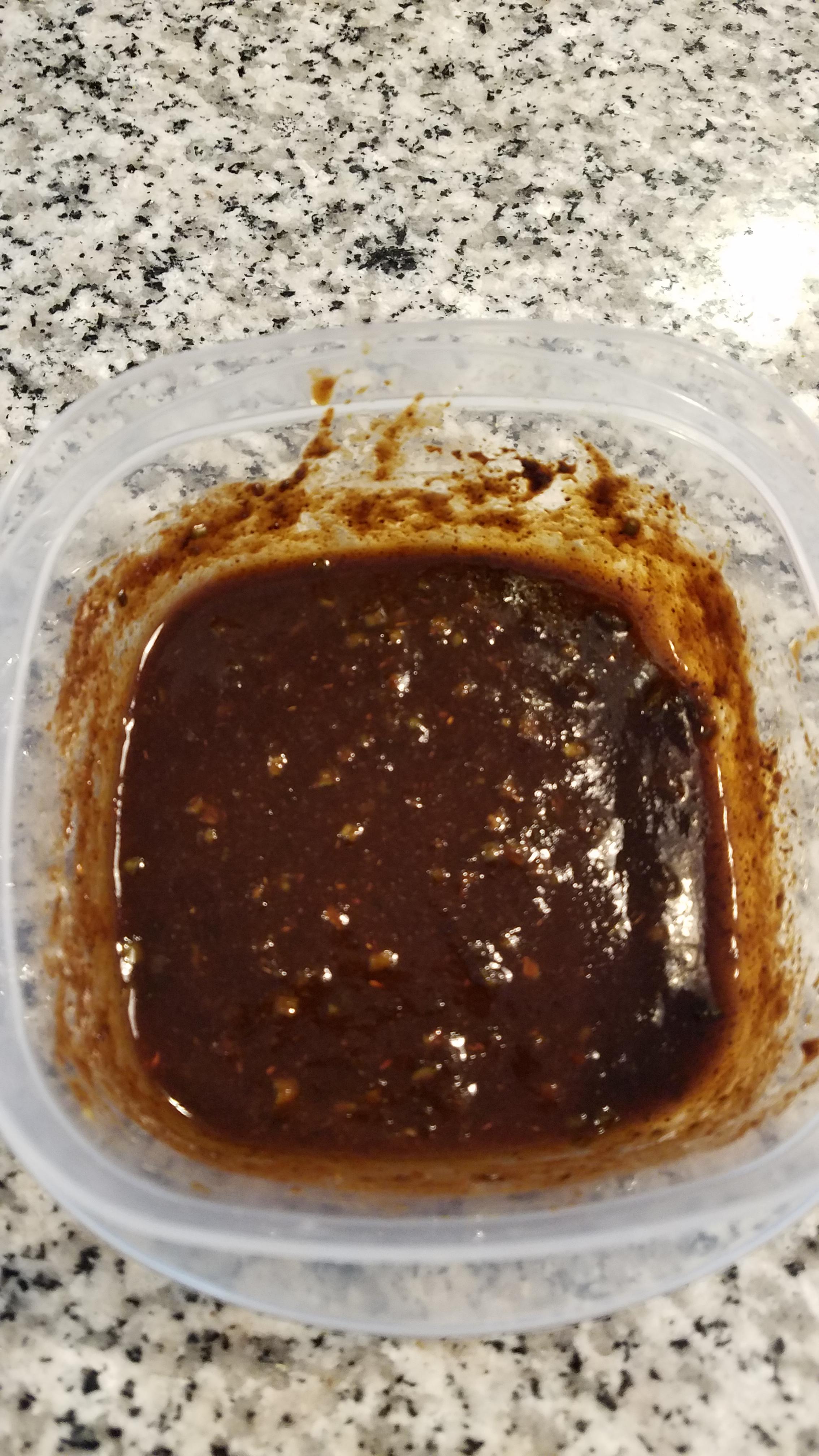 Homemade Potsticker Sauce (made with A1 steak sauce, honey, ginger, dried scallions, chili