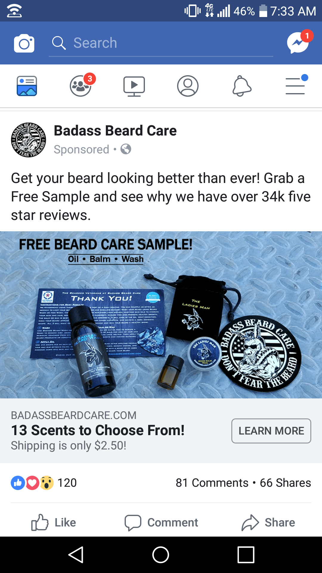 (Facebook) Free Badass Beard care sample kit +shipping fee...use code