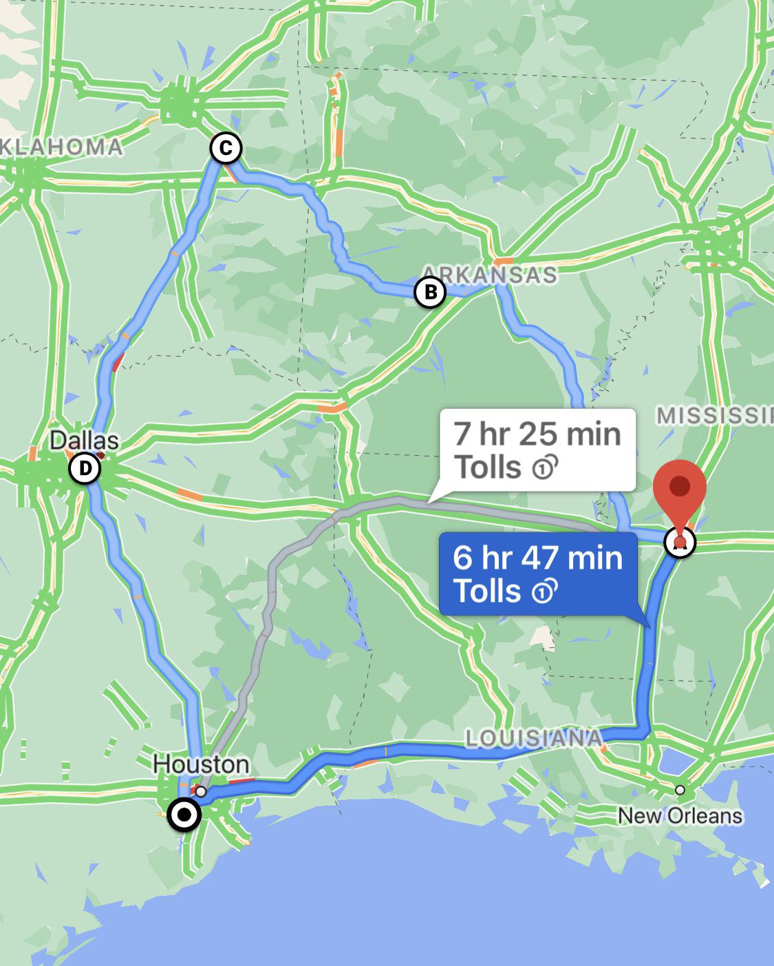 Houston > Louisiana > Jackson, MS > Memphis, TN > Hot springs, AR